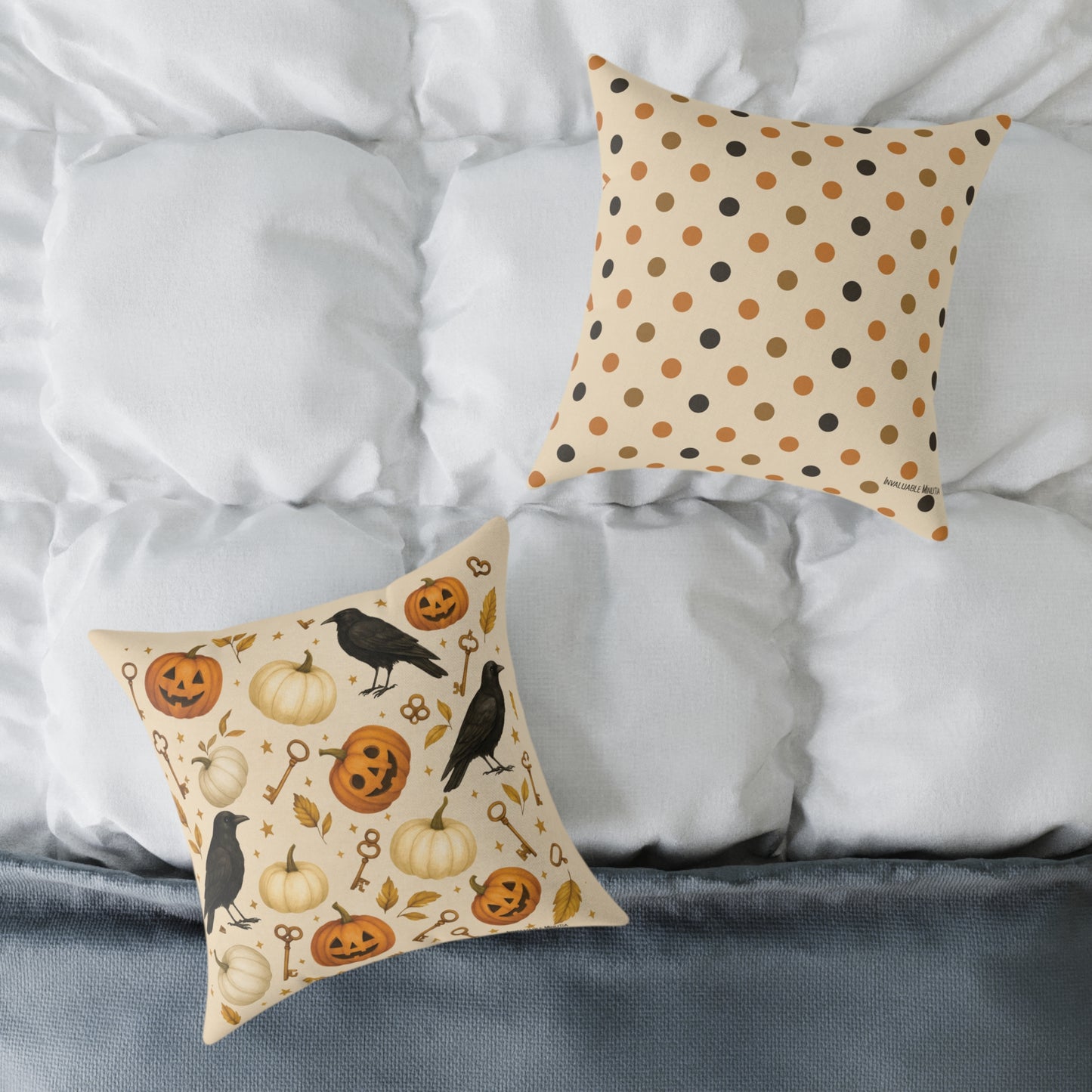 Boutique Halloween Throw Pillow – Crow & Pumpkin Pattern (Reversible Dot Back, Colorway™ Poly Canvas)