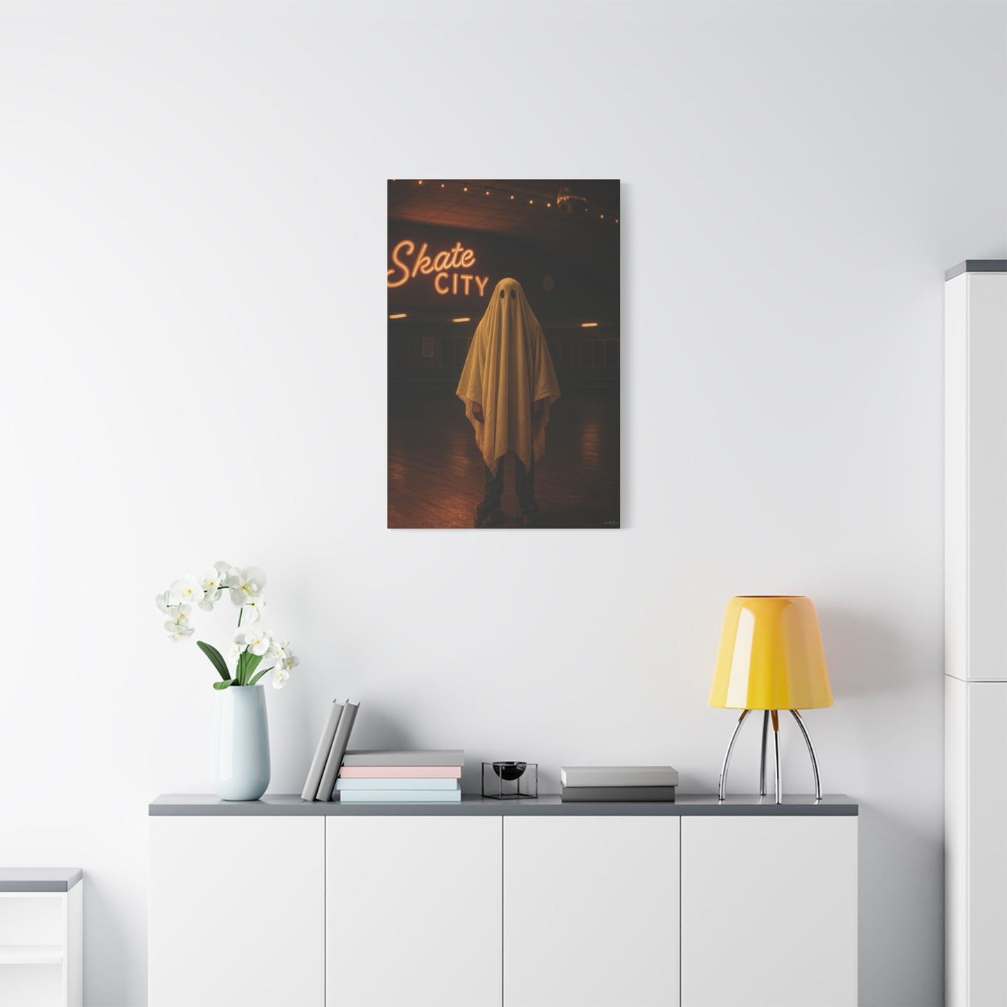 Ghost at the Roller Rink Canvas Wall Art β Retro 80s Nostalgic Halloween Decor