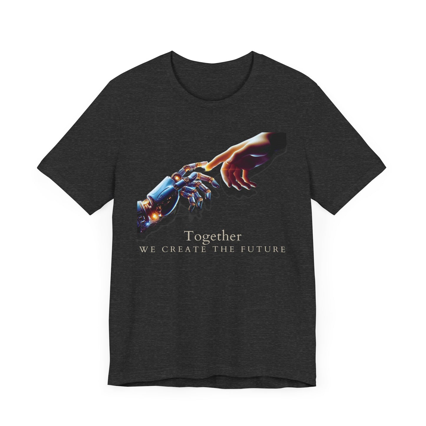 Robotic & Human Hand Touching Jersey Tee - "Together We Create the Future" - Inspirational T-Shirt - Soft, Comfortable Graphic Tee