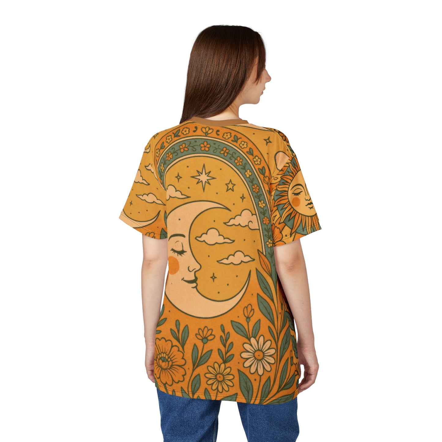 Sun & Moon Boho Vibes Unisex Cut & Sew Tee | AOP Shirt, Boho Style Tee, Perfect for Summer, Gift for Nature Lovers, Festival Wear