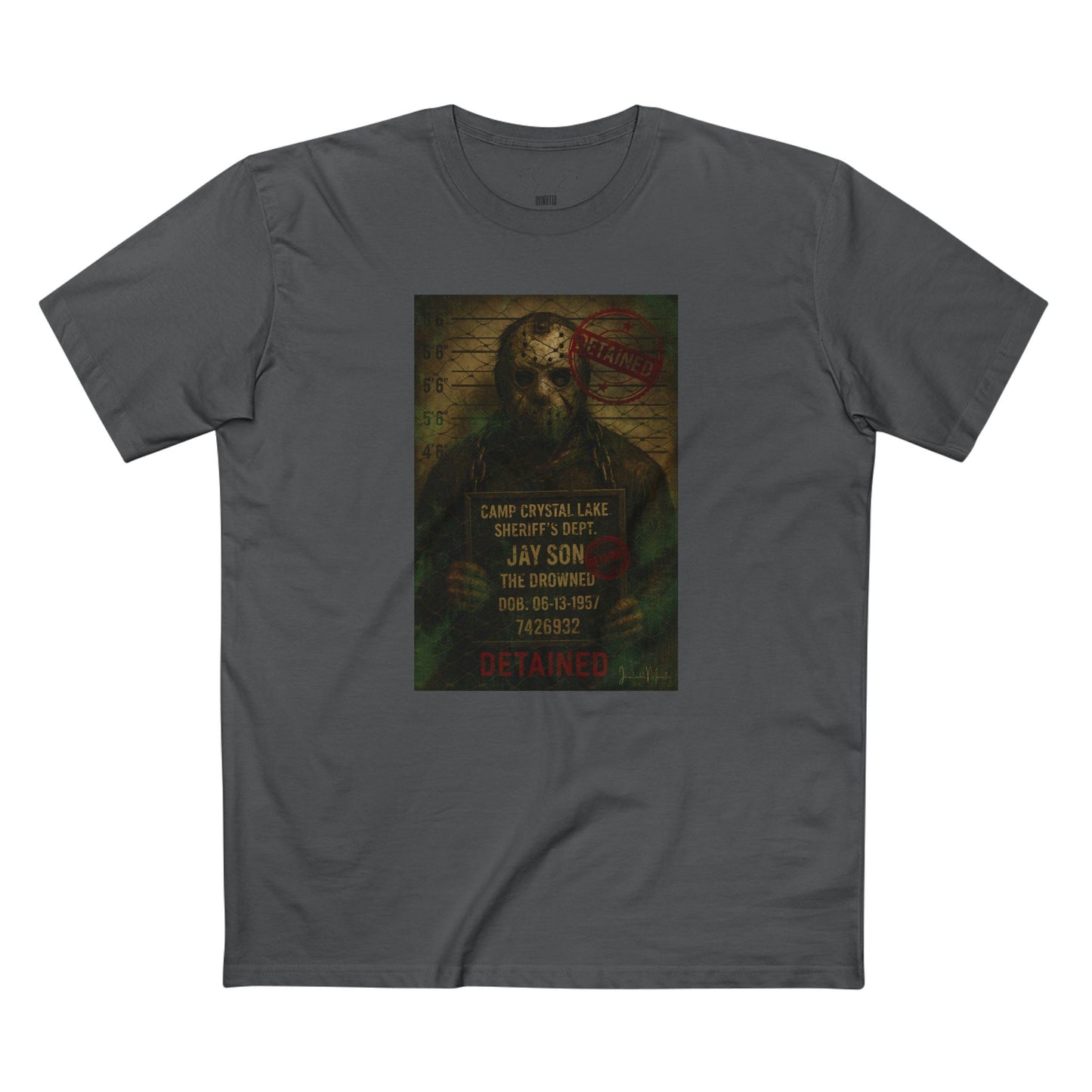 Jason Voorhees Horror Mugshot Tee โ Premium AS Colour 5001 Shirt