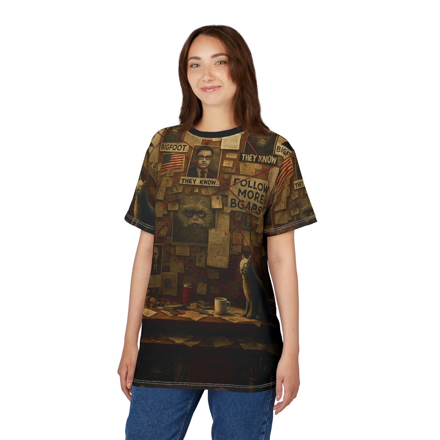Bigfoot Conspiracy Tee, Unisex T-Shirt, Funny Graphic Tee, Unique Gift for Halloween, Cryptid Lover Fashion, AOP Apparel
