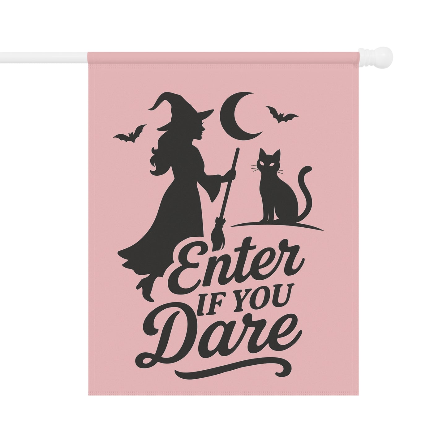 Pastel Gothic Witch Garden Flag – Pink Halloween Yard Flag, Black Cat Silhouette, Retro “Enter If You Dare”