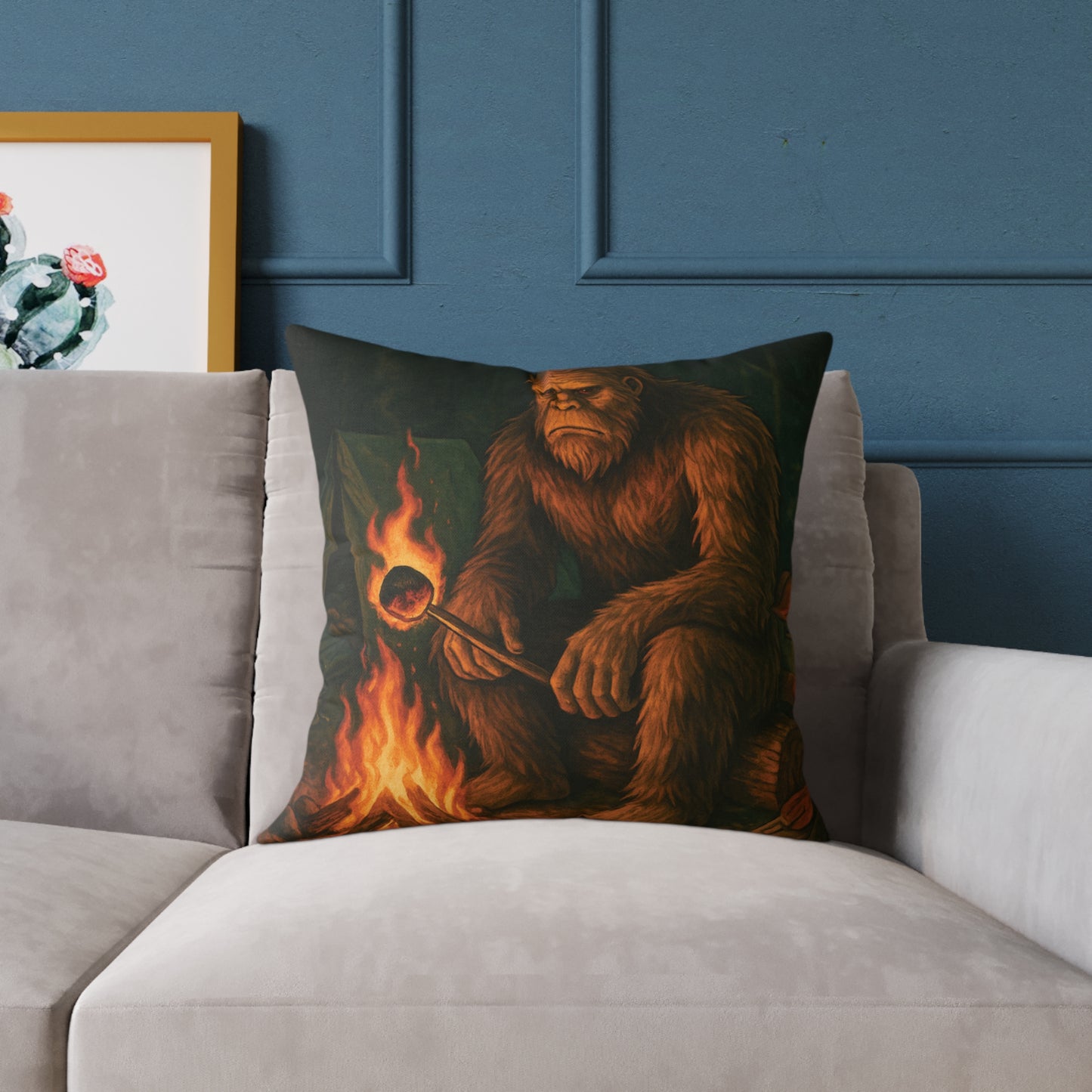 Bigfoot Burnt the S’more – Cryptid Campsite Canvas Throw Pillow