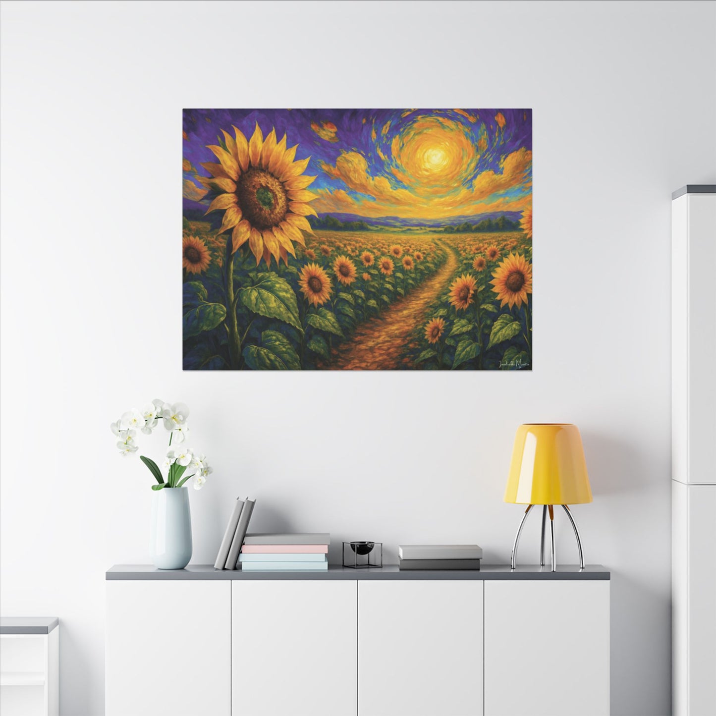 Sunflower Field Canvas Wall Art β Vibrant Golden Blooms, Van Gogh Inspired Sky, Horizontal Landscape Print