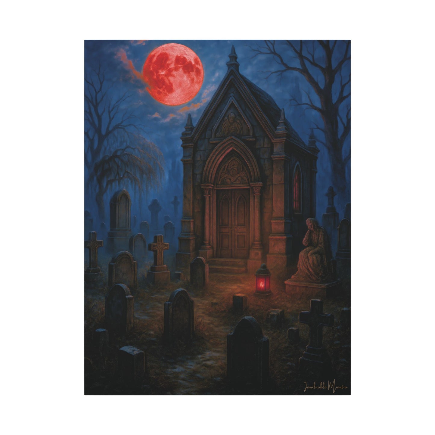"Blood Moon Mausoleum" – Gothic Graveyard Fine Art Matte Canvas Print (Vertical)