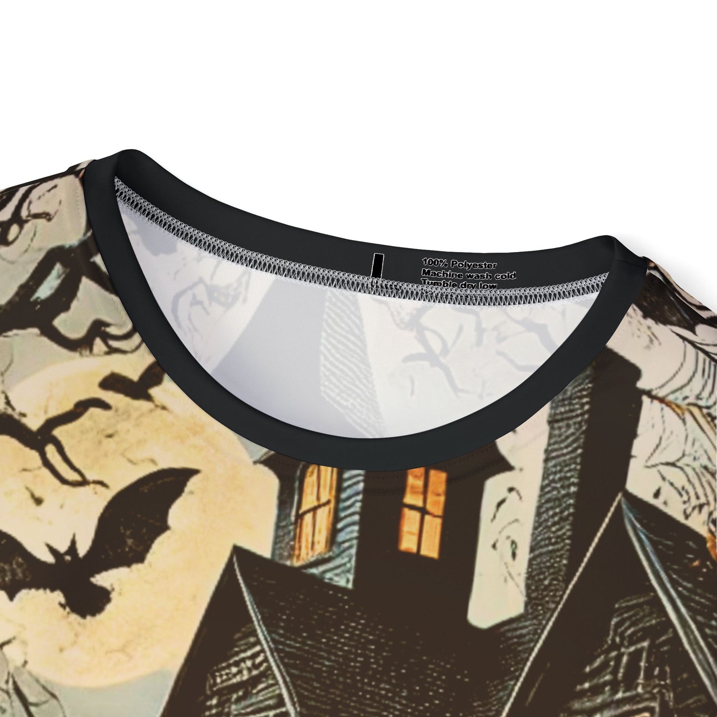 Haunted Pathway – Gothic AOP Unisex Halloween T-Shirt | Pumpkins, Bats & Haunted House Halloween Tee