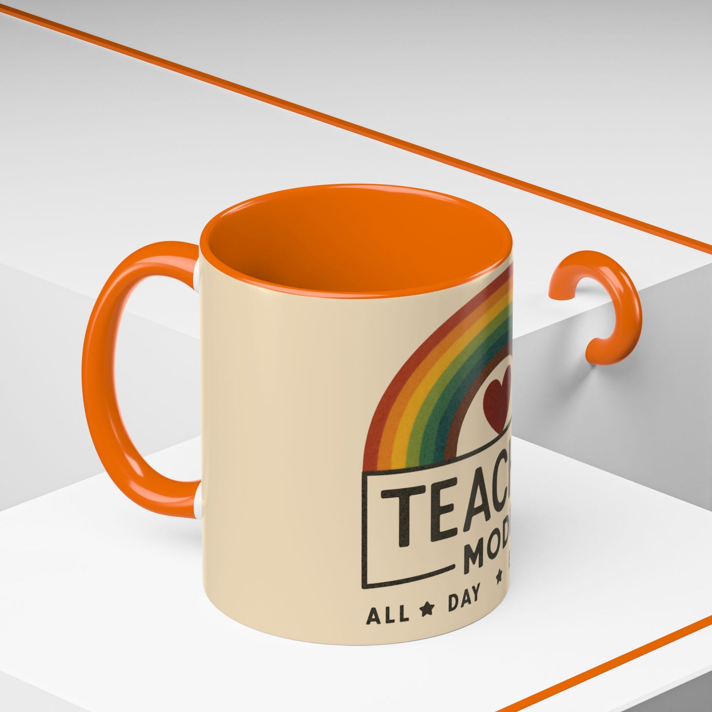 Teacher Mode – Color Accent Mug (11oz/15oz) • Rainbow Heart • Teacher Gift • Dishwasher & Microwave Safe