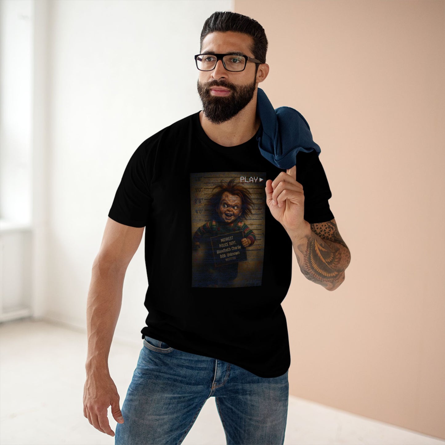 Creepy Killer Doll Mugshot T-Shirt – Halloween Horror Tee, Boutique DTG Print, Premium Cotton Tee, 90s VHS Aesthetic