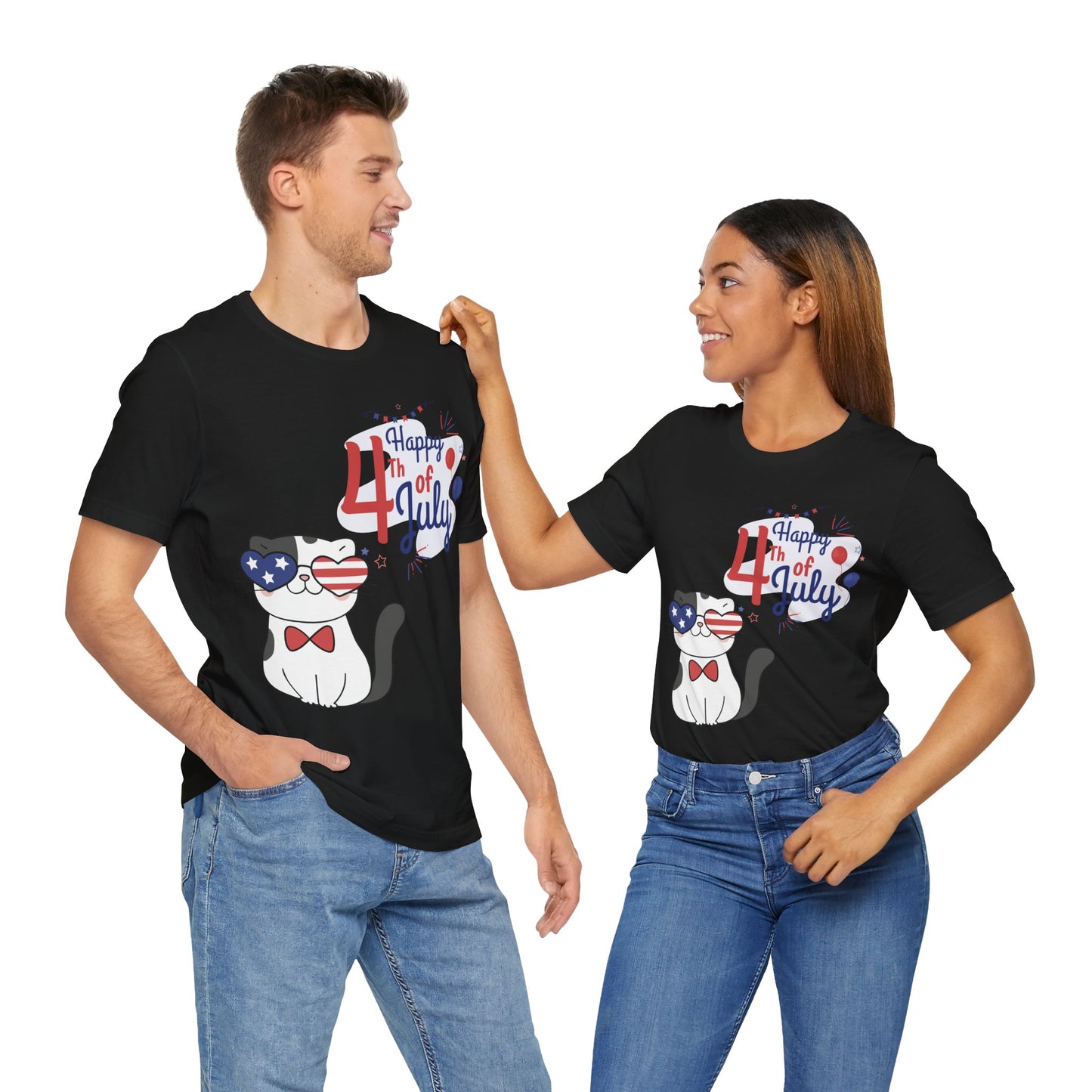Patriotic Party Cat Tee – Happy 4th of July – Unisex Bella+Canvas Jersey Tee - 4th of July Tee