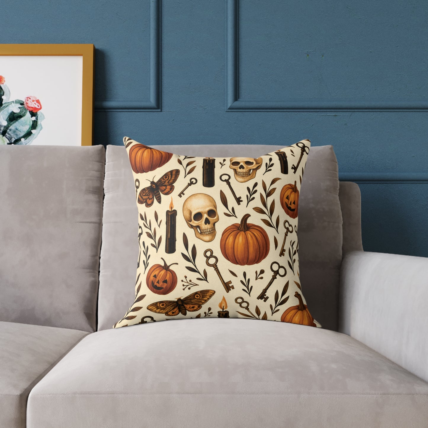 Gothic Halloween Throw Pillow – Colorway Poly Canvas – Reversible Plaid – Skulls, Moths & Black Candles – Premium Fall Decor