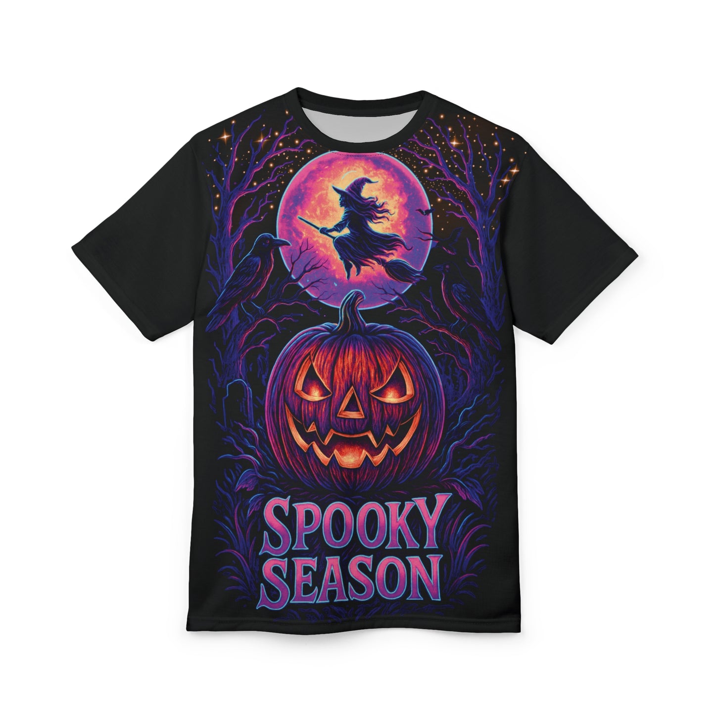 Neon Halloween AOP T-Shirt – Spooky Season Jack-o’-Lantern & Witch Design (All-Over Print)