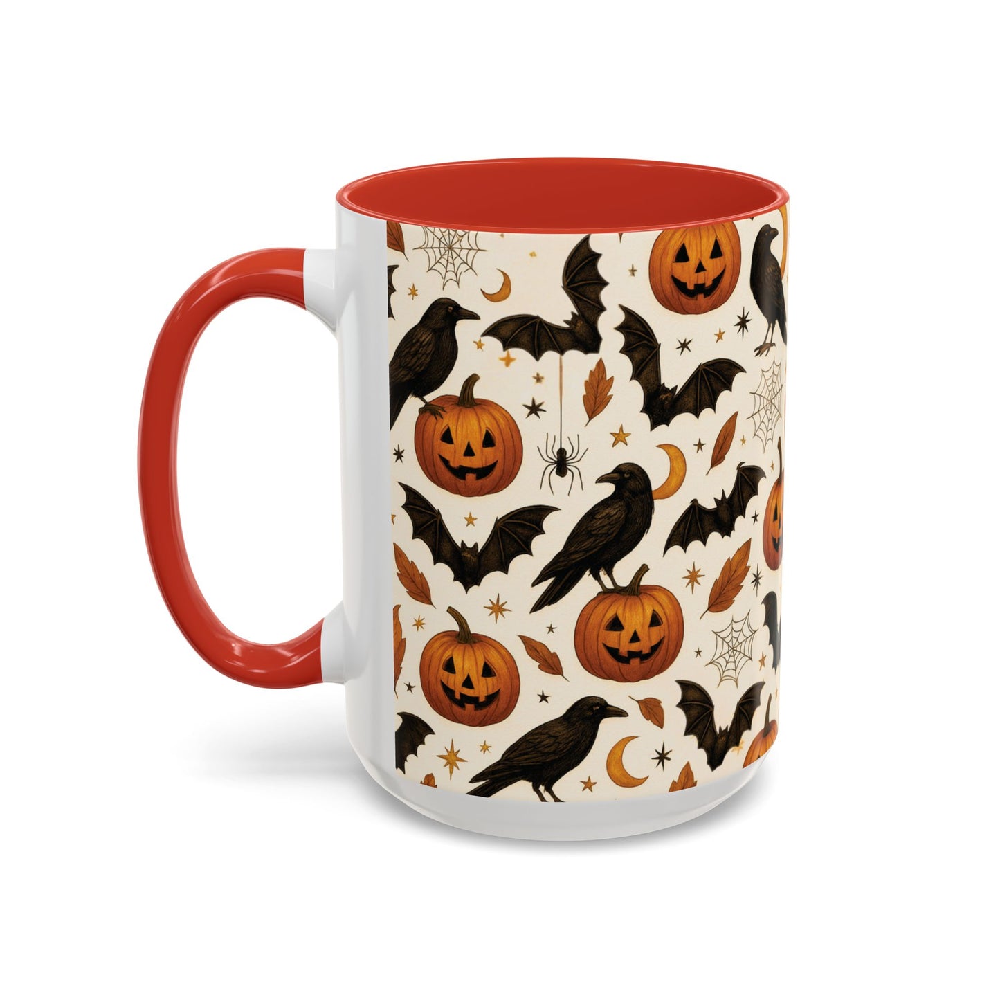 Halloween Raven & Pumpkin Color Accent Mug β Gothic Crow, Bats & Jack-oβ-Lantern Coffee Cup (11oz & 15oz) β Spooky Autumn Drinkware