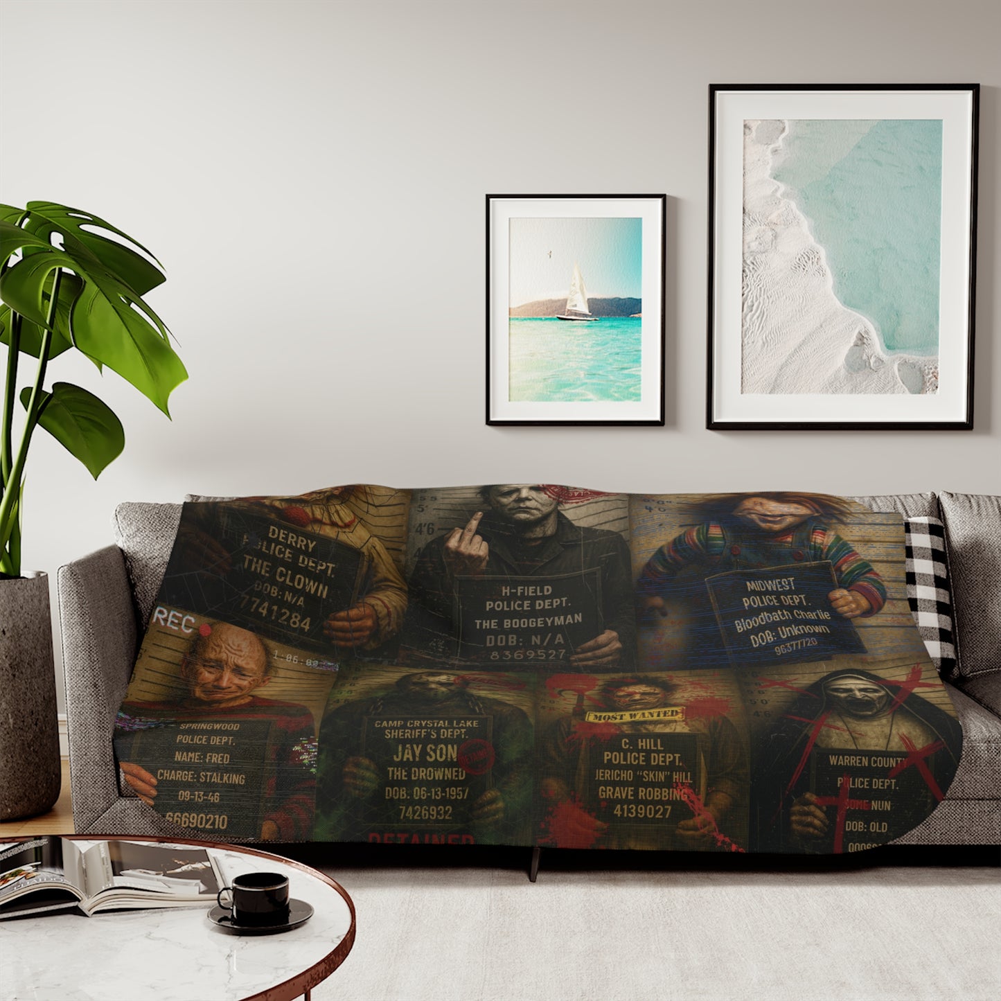 Horror Villains Mugshot Sherpa Fleece Blanket โ Premium Cozy Throw, 3 Sizes, Free Worldwide Shipping