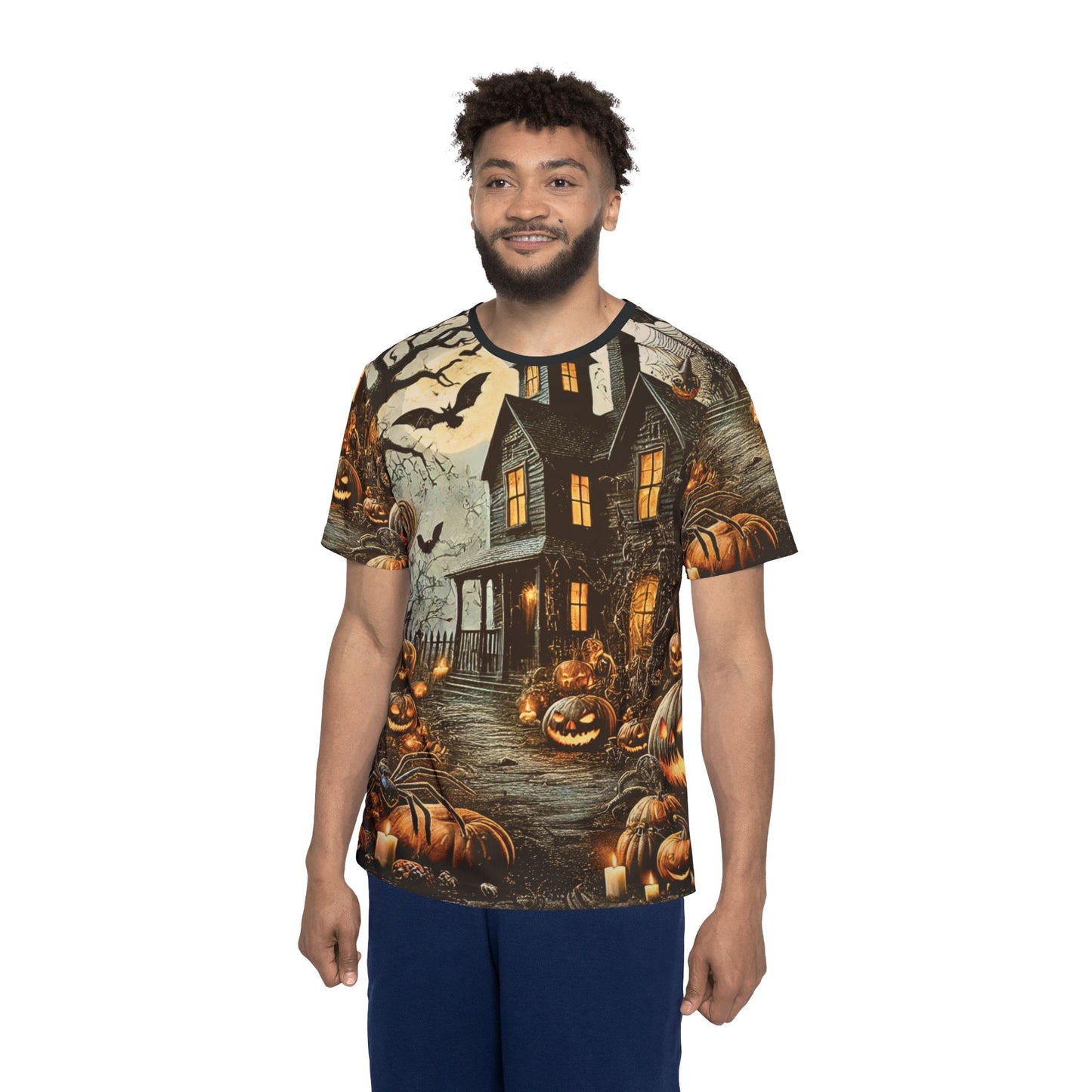 Haunted Pathway – Gothic AOP Unisex Halloween T-Shirt | Pumpkins, Bats & Haunted House Halloween Tee