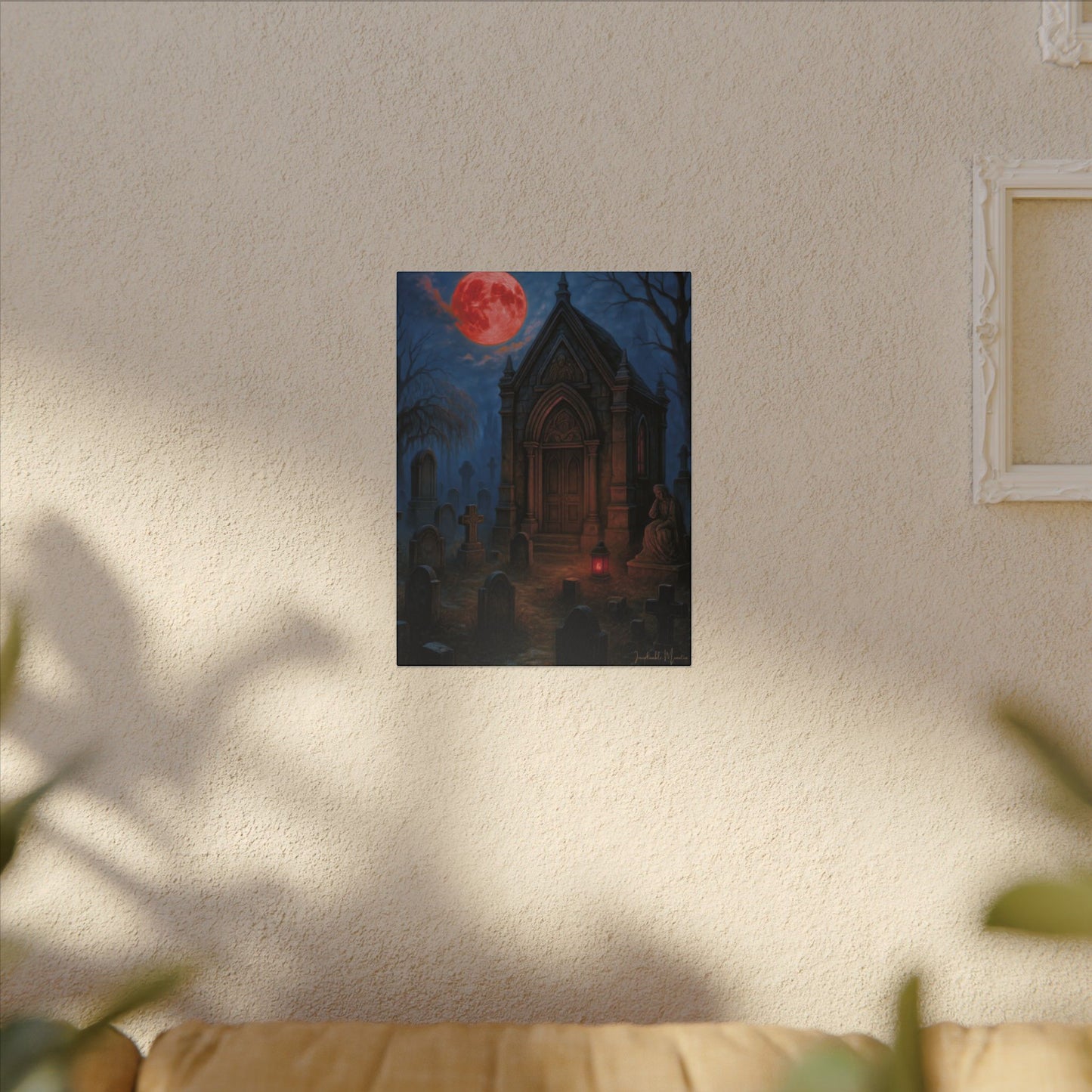 "Blood Moon Mausoleum" – Gothic Graveyard Fine Art Matte Canvas Print (Vertical)