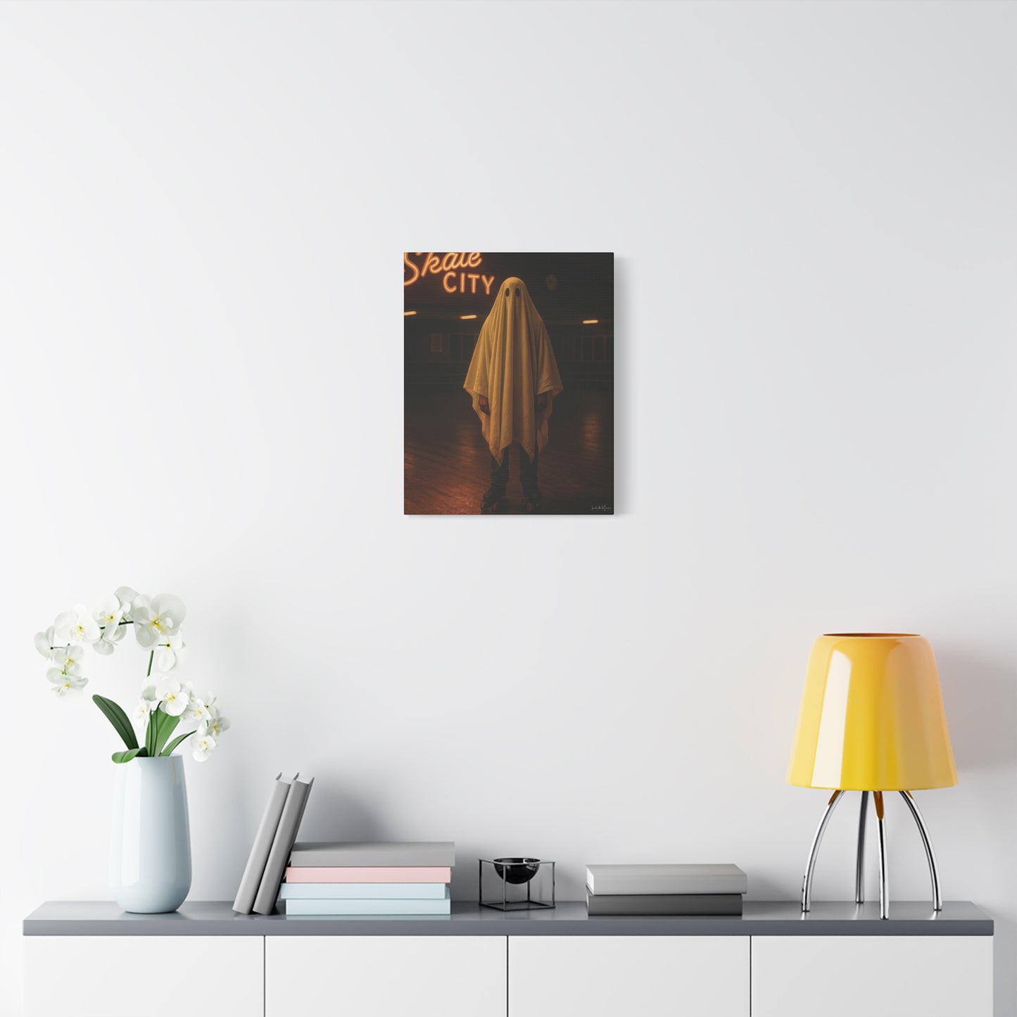 Ghost at the Roller Rink Canvas Wall Art β Retro 80s Nostalgic Halloween Decor