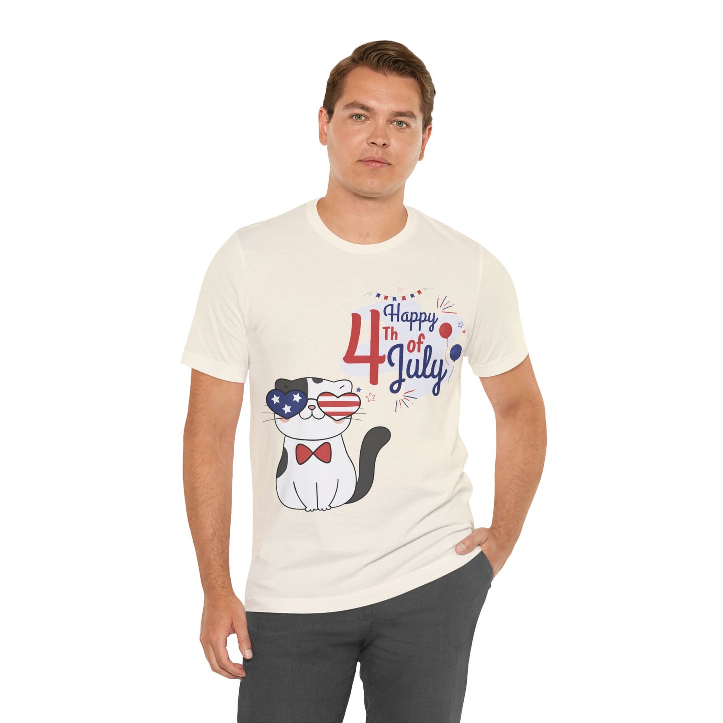 Patriotic Party Cat Tee – Happy 4th of July – Unisex Bella+Canvas Jersey Tee - 4th of July Tee