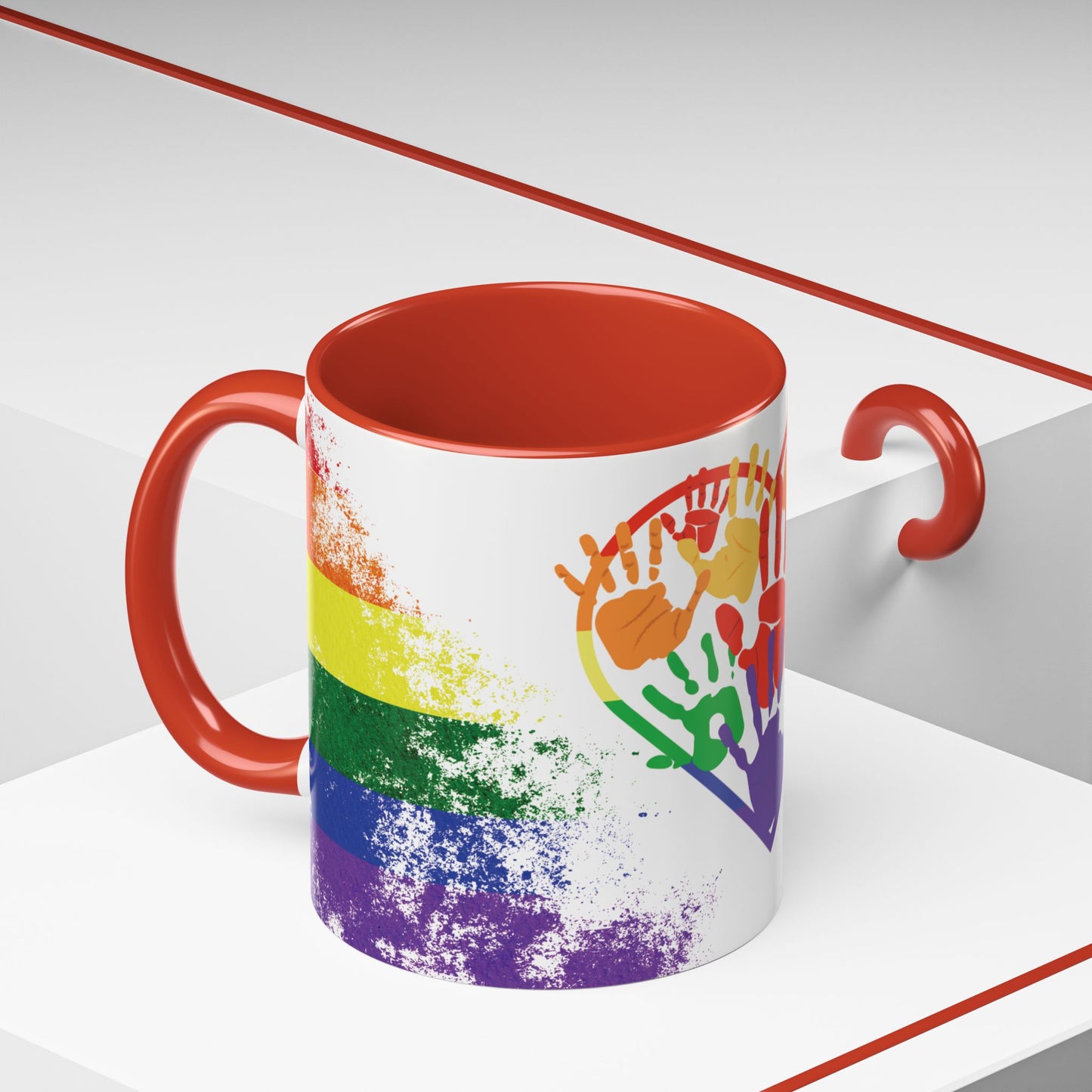 Handprint Heart Pride Mug | Rainbow Splash Ceramic Cup | 11oz & 15oz