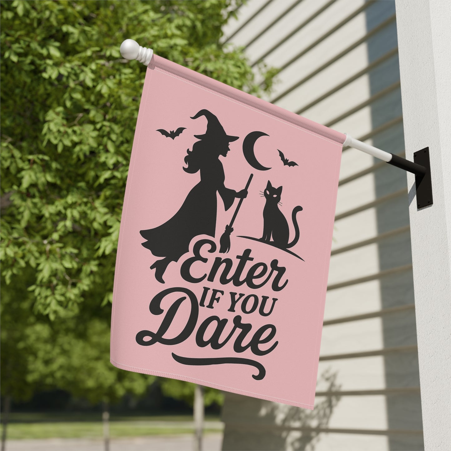 Pastel Gothic Witch Garden Flag – Pink Halloween Yard Flag, Black Cat Silhouette, Retro “Enter If You Dare”