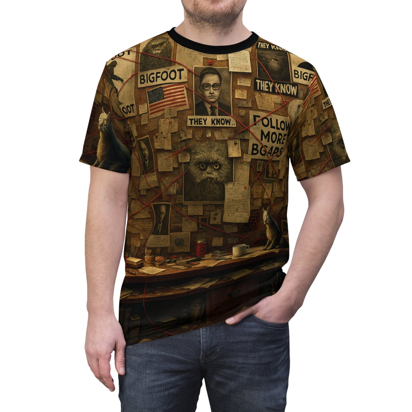 Bigfoot Conspiracy Tee, Unisex T-Shirt, Funny Graphic Tee, Unique Gift for Halloween, Cryptid Lover Fashion, AOP Apparel