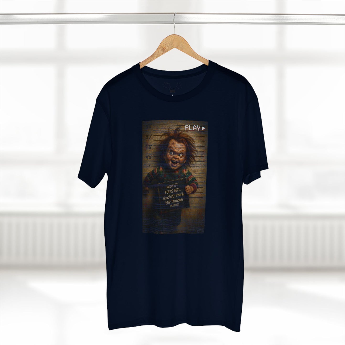 Creepy Killer Doll Mugshot T-Shirt – Halloween Horror Tee, Boutique DTG Print, Premium Cotton Tee, 90s VHS Aesthetic