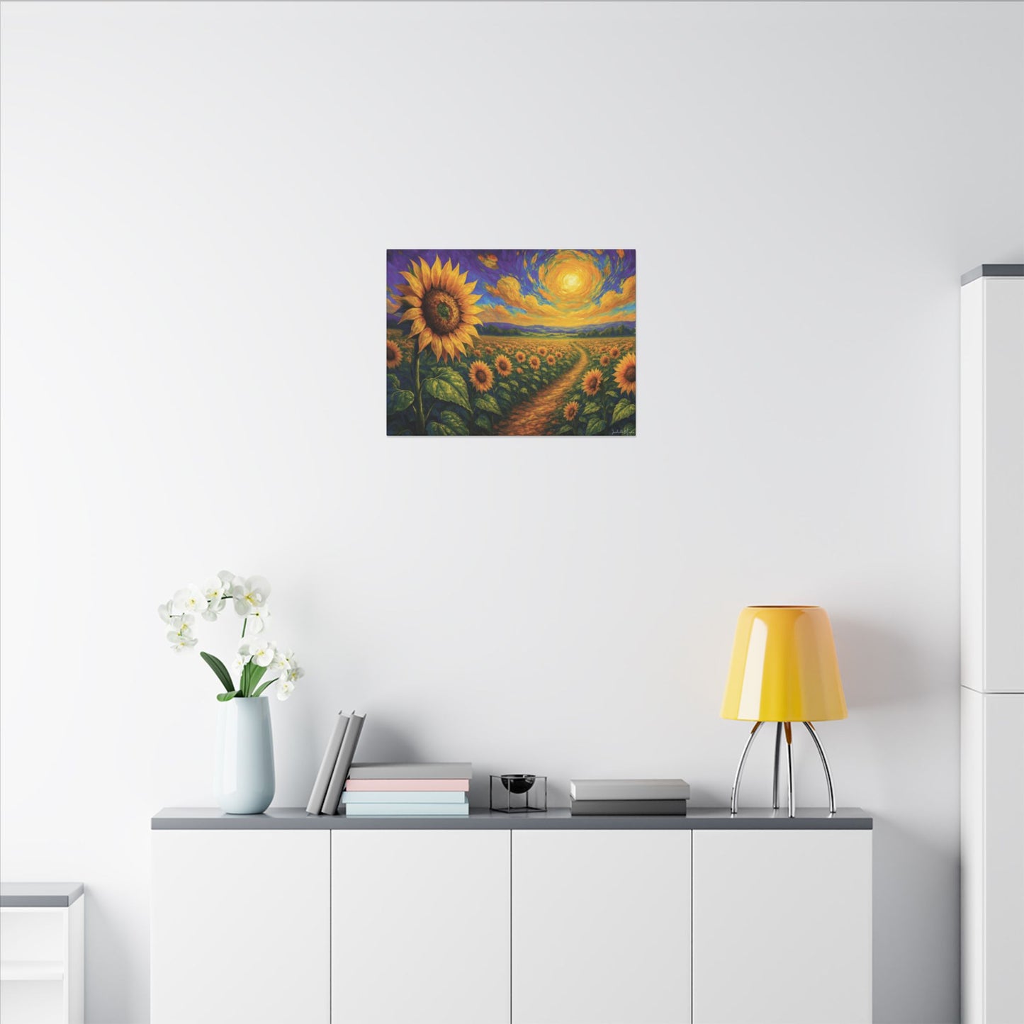 Sunflower Field Canvas Wall Art β Vibrant Golden Blooms, Van Gogh Inspired Sky, Horizontal Landscape Print