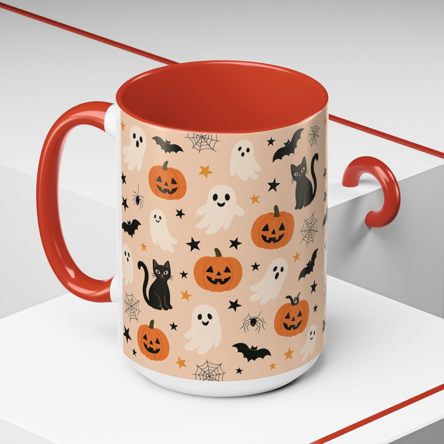 Halloween Color Accent Mug β Ghosts, Pumpkins & Black Cats, Fall Coffee Cup (11oz & 15oz) β Boutique Spooky Season Drinkware
