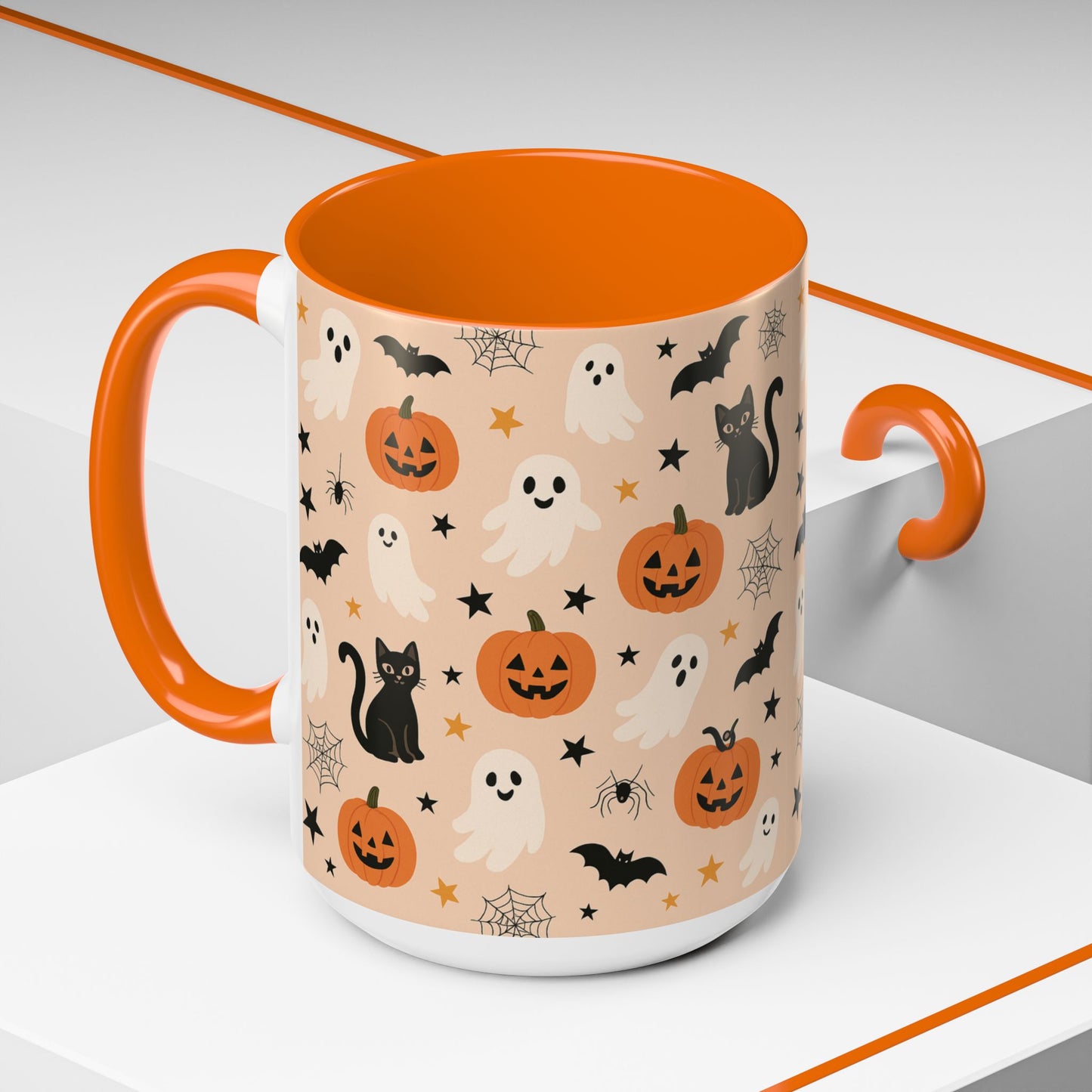 Halloween Color Accent Mug β Ghosts, Pumpkins & Black Cats, Fall Coffee Cup (11oz & 15oz) β Boutique Spooky Season Drinkware