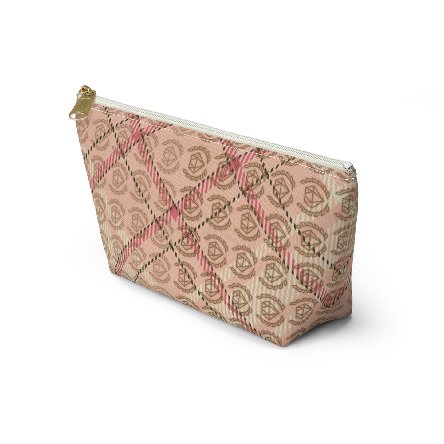 Elegant Plaid T-Bottom Accessory Pouch • Soft Pink Travel Bag with Boutique Monogram • Small or Large Sizes