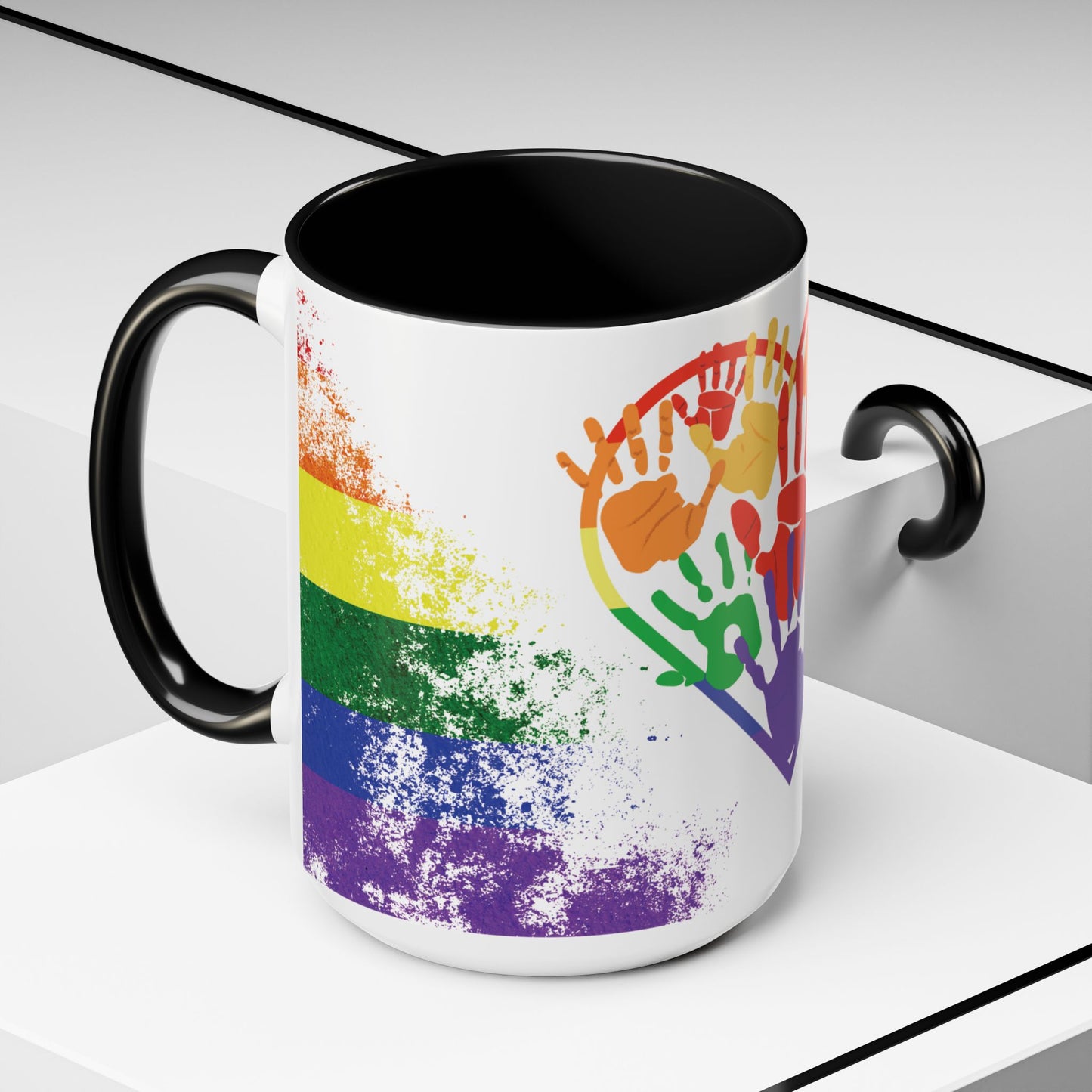 Handprint Heart Pride Mug | Rainbow Splash Ceramic Cup | 11oz & 15oz