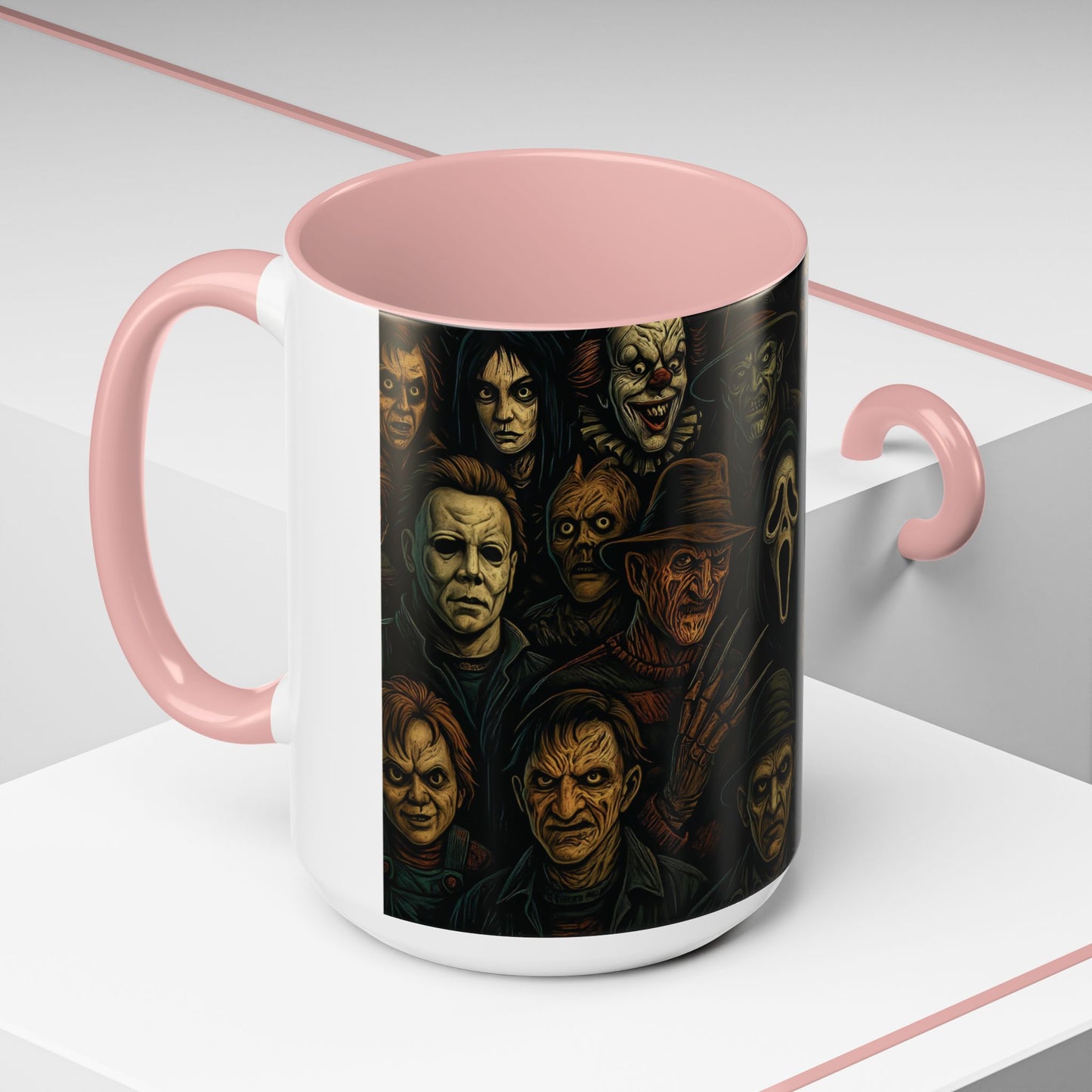 Horror Villain Collage Mug – 15oz & 11oz Ceramic Coffee Mug – Slasher Icons Halloween Gift – Goth Horrorcore Kitchen Decor