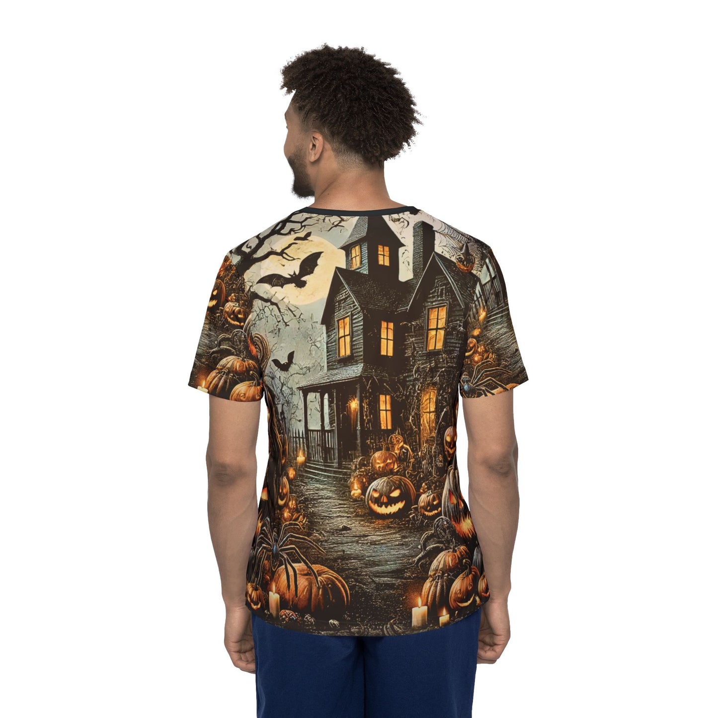 Haunted Pathway – Gothic AOP Unisex Halloween T-Shirt | Pumpkins, Bats & Haunted House Halloween Tee