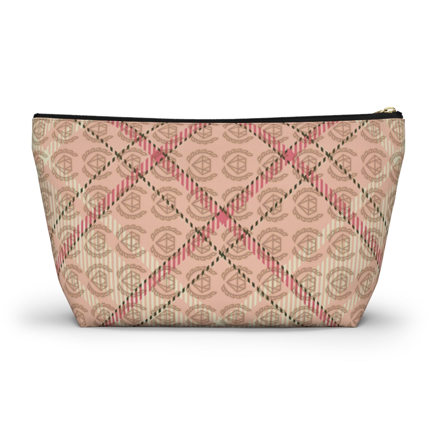 Elegant Plaid T-Bottom Accessory Pouch • Soft Pink Travel Bag with Boutique Monogram • Small or Large Sizes