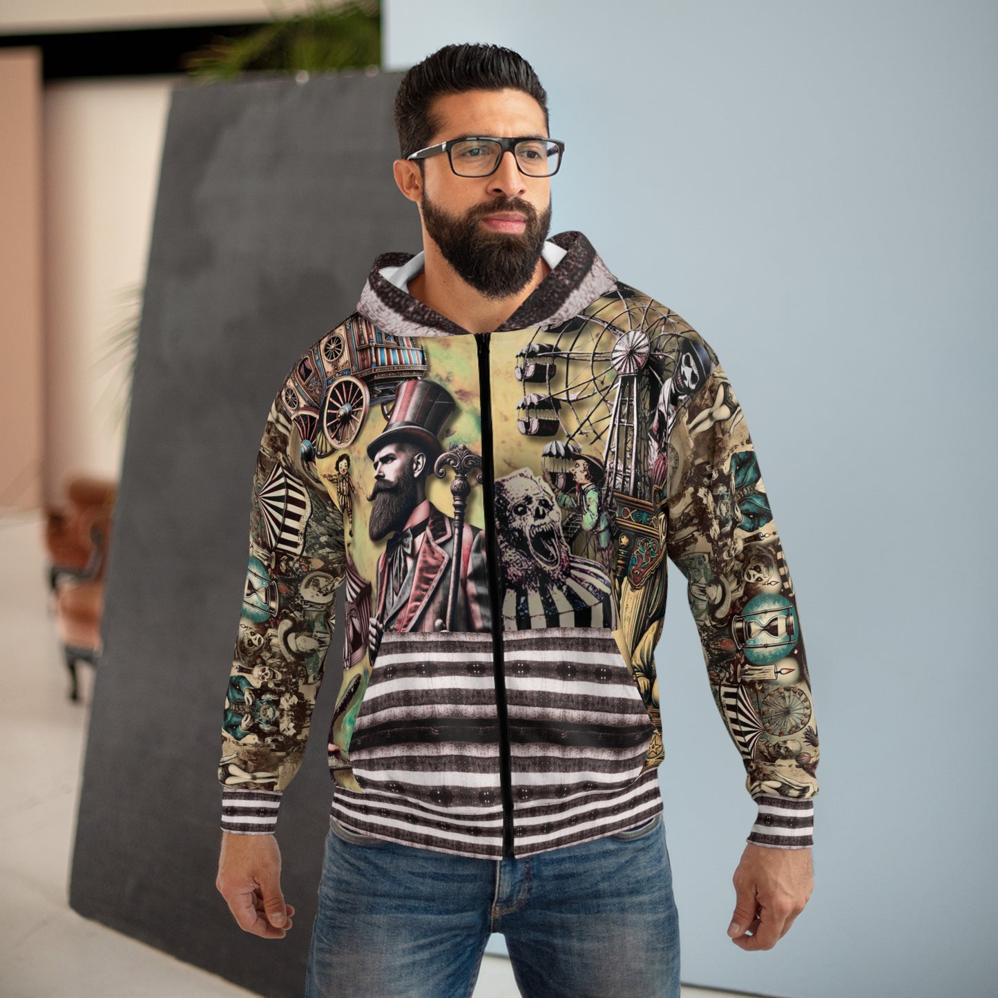 Unisex All-Over Print Zip-Up Hoodie - Gothic Vintage Aesthetic Circus + CreepyClown Design