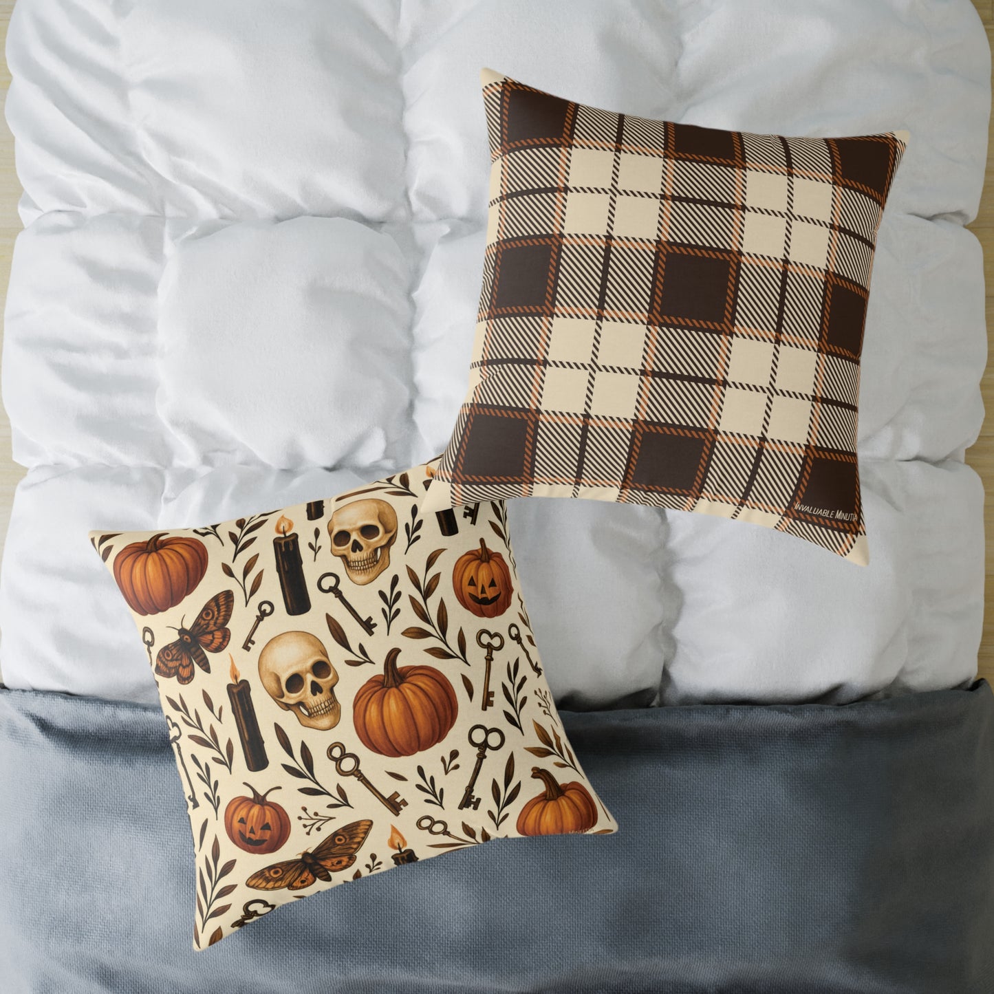 Gothic Halloween Throw Pillow – Colorway Poly Canvas – Reversible Plaid – Skulls, Moths & Black Candles – Premium Fall Decor