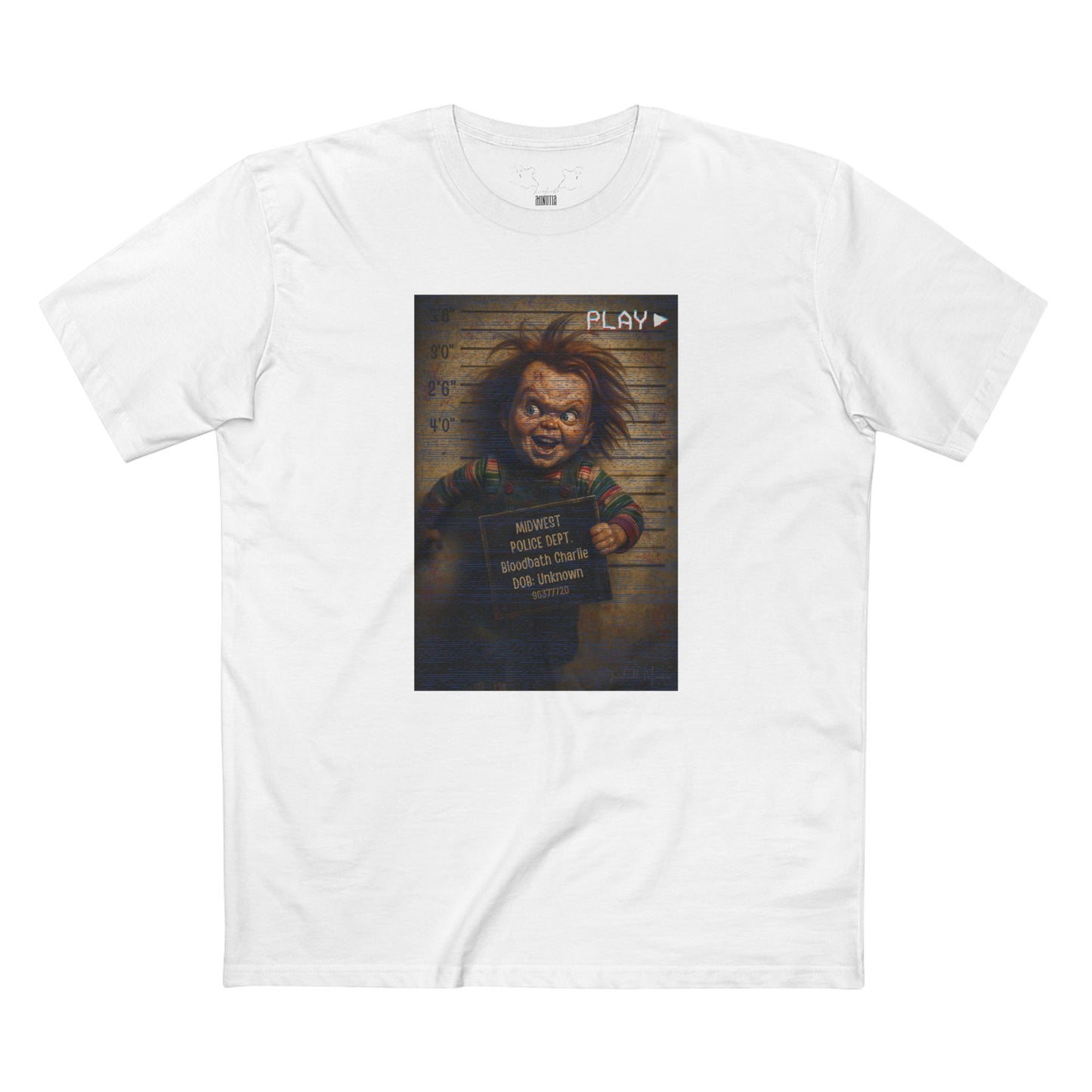 Creepy Killer Doll Mugshot T-Shirt – Halloween Horror Tee, Boutique DTG Print, Premium Cotton Tee, 90s VHS Aesthetic