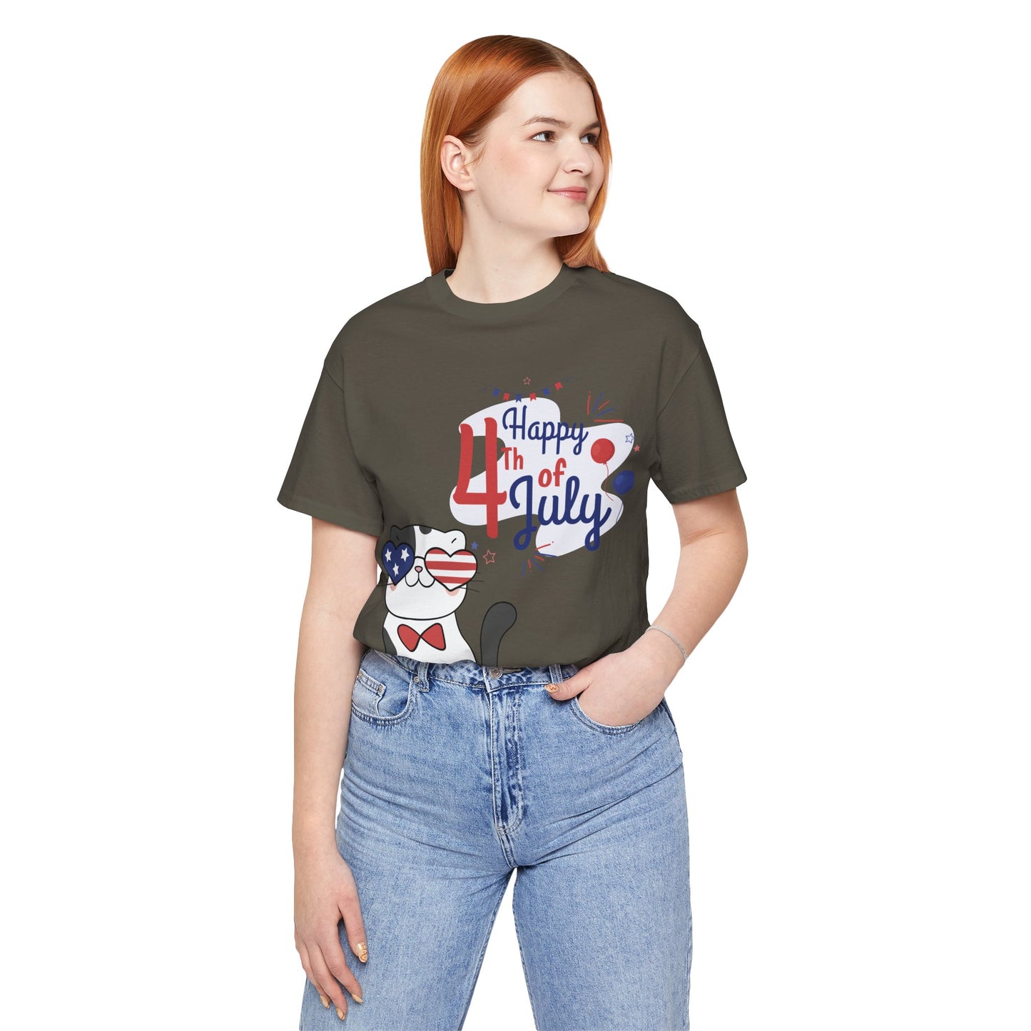 Patriotic Party Cat Tee – Happy 4th of July – Unisex Bella+Canvas Jersey Tee - 4th of July Tee