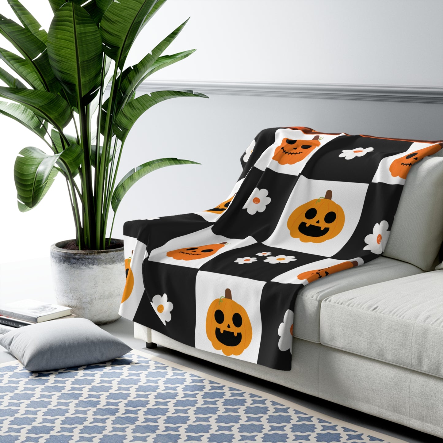 Pumpkin Patch Panic β Halloween Checkerboard Sherpa Fleece Blanket