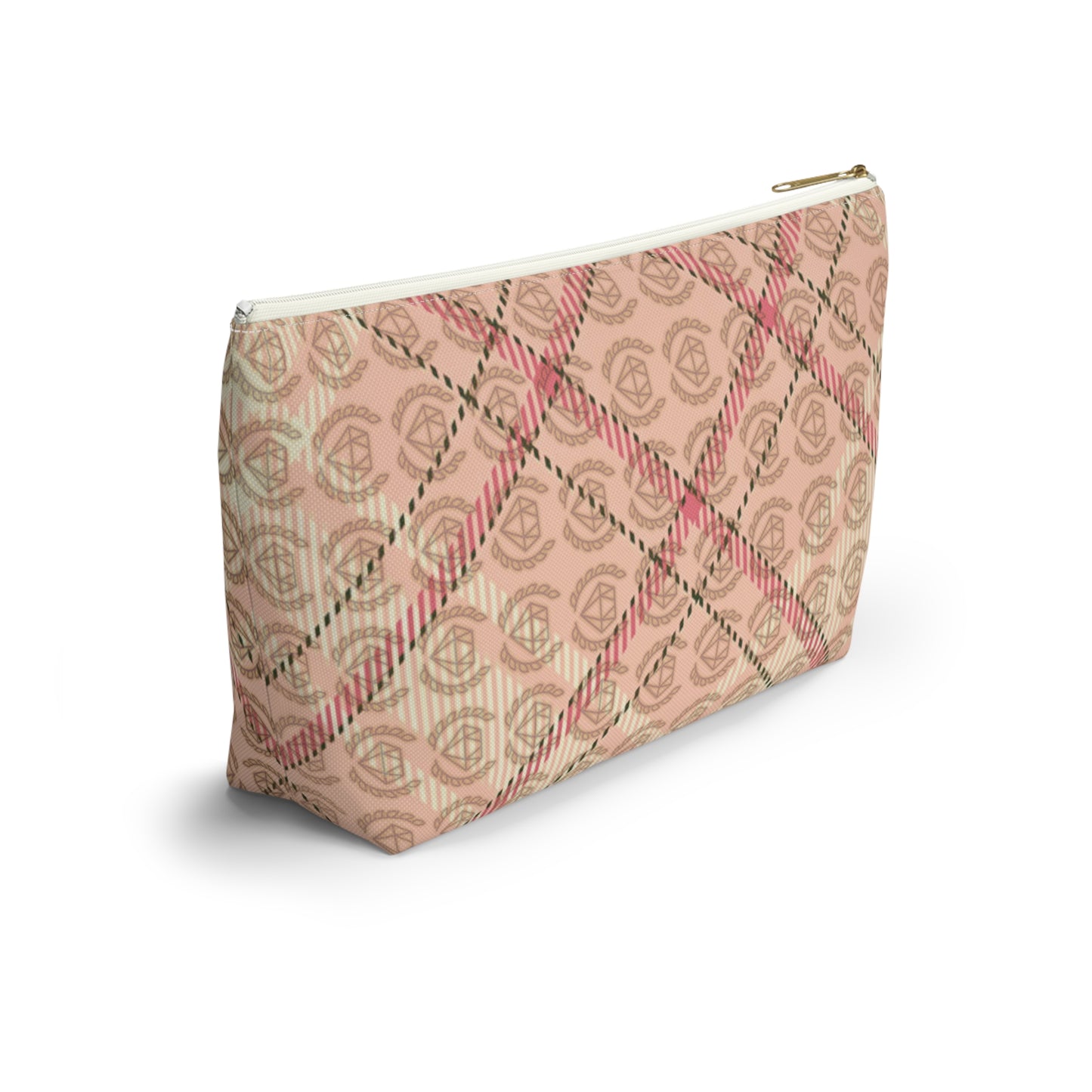 Elegant Plaid T-Bottom Accessory Pouch • Soft Pink Travel Bag with Boutique Monogram • Small or Large Sizes