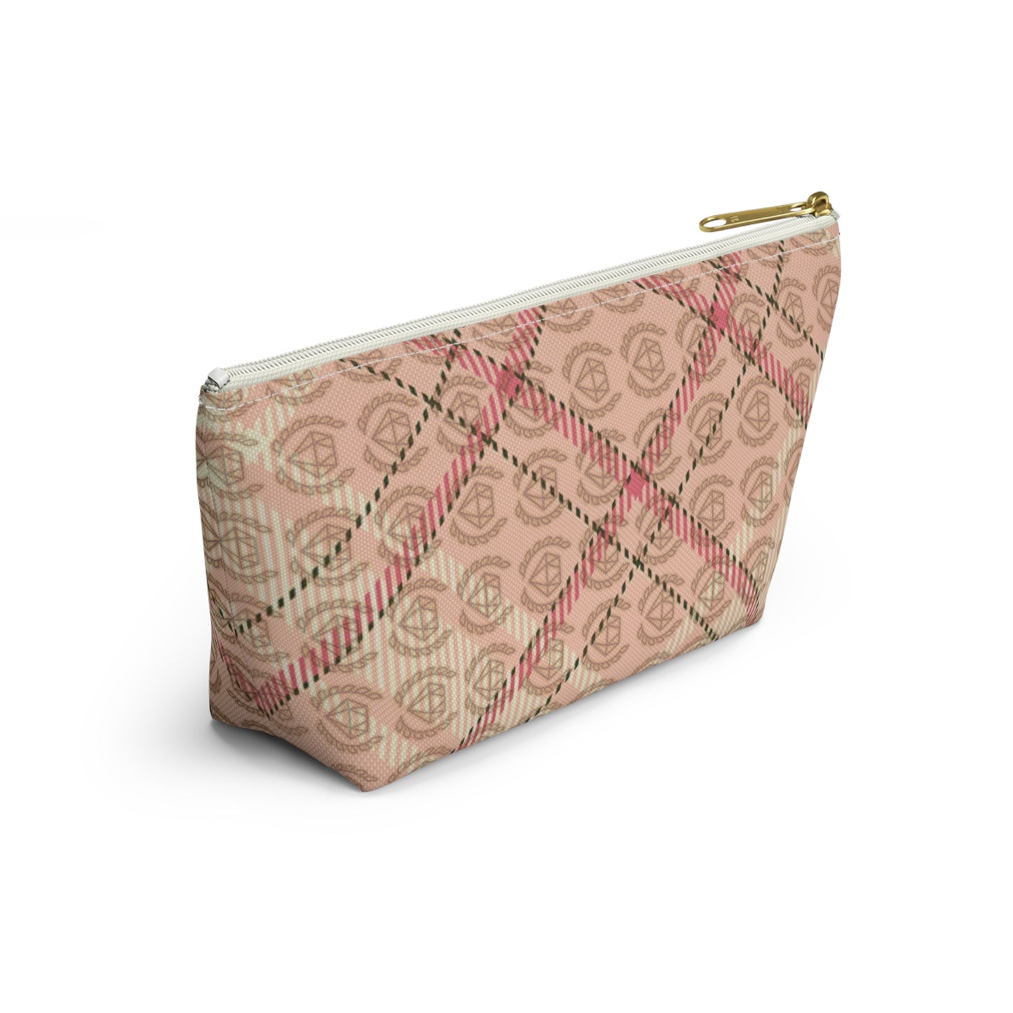 Elegant Plaid T-Bottom Accessory Pouch • Soft Pink Travel Bag with Boutique Monogram • Small or Large Sizes