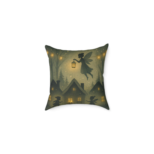 Winter Night Fairies Throw Pillow – Lantern Village Scene Dual-Sided Canvas Cushion