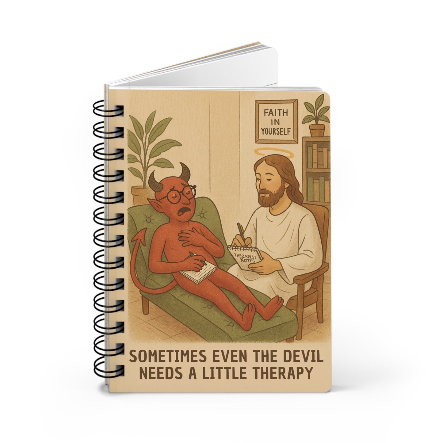 Spiral-Bound Journal Notebook – “Jesus Never Abandons: Even the Devil Needs Therapy”