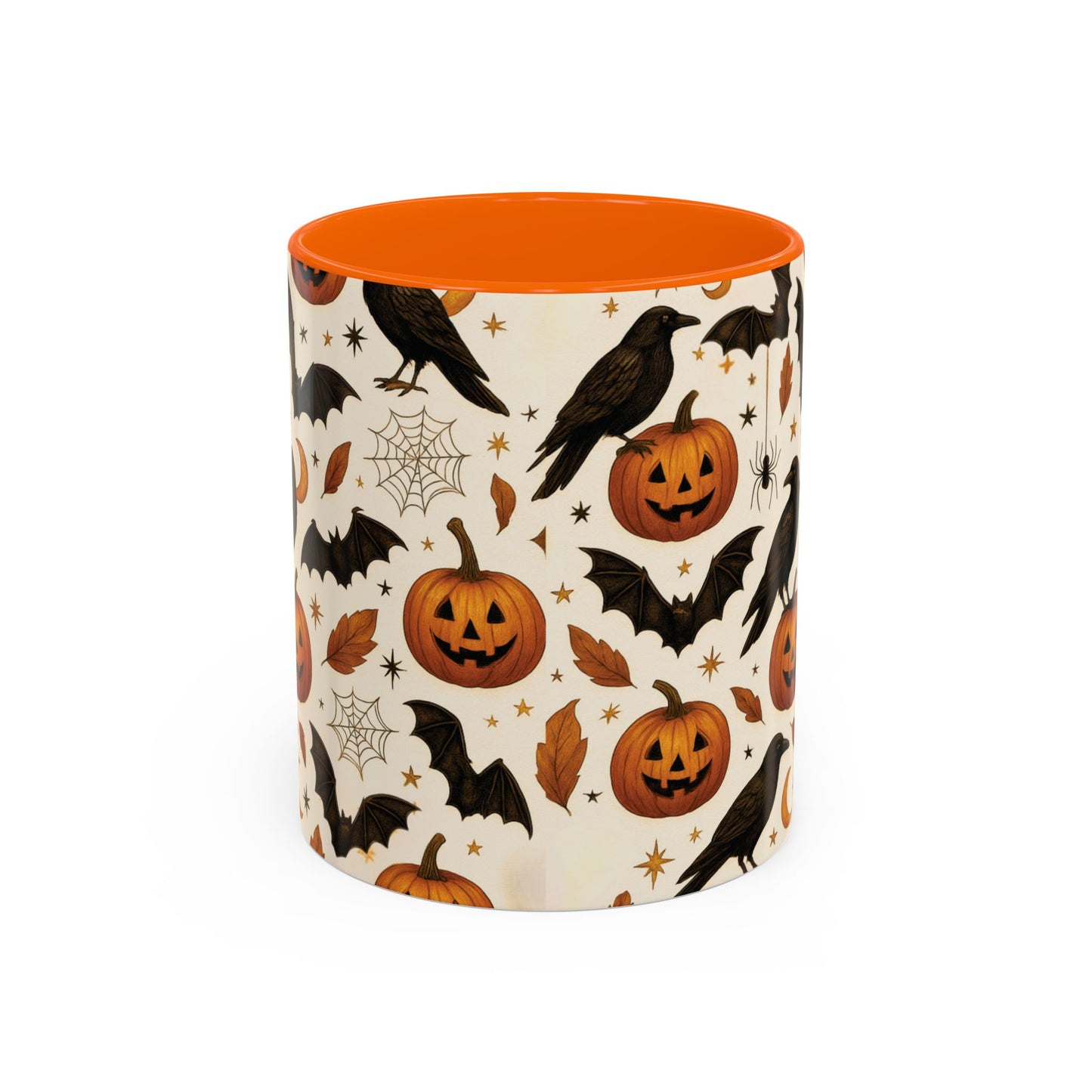 Halloween Raven & Pumpkin Color Accent Mug β Gothic Crow, Bats & Jack-oβ-Lantern Coffee Cup (11oz & 15oz) β Spooky Autumn Drinkware