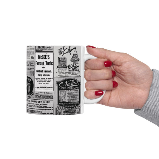 Taza de café y té con temática ocultista americana | Taza de cerámica con collage de anuncios de periódico vintage del siglo XIX (325 y 400 ml)