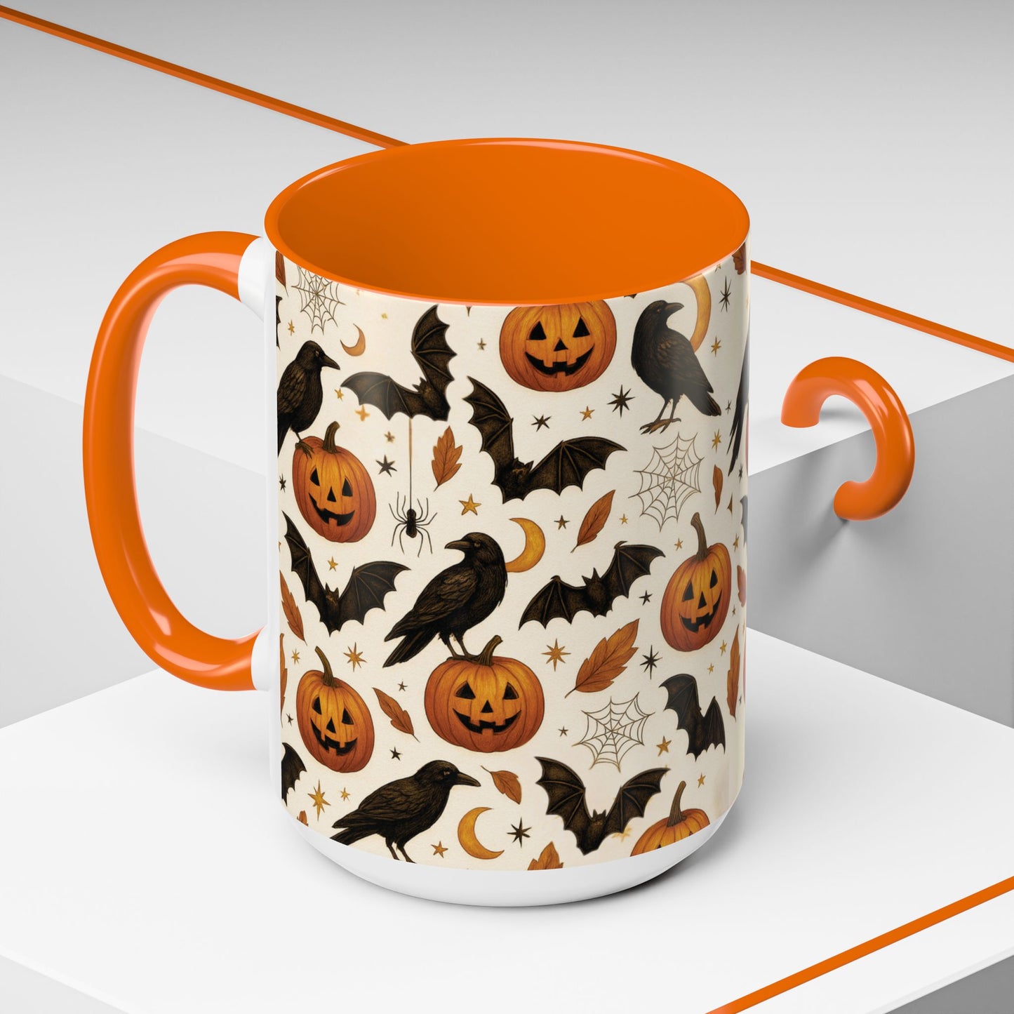 Halloween Raven & Pumpkin Color Accent Mug β Gothic Crow, Bats & Jack-oβ-Lantern Coffee Cup (11oz & 15oz) β Spooky Autumn Drinkware