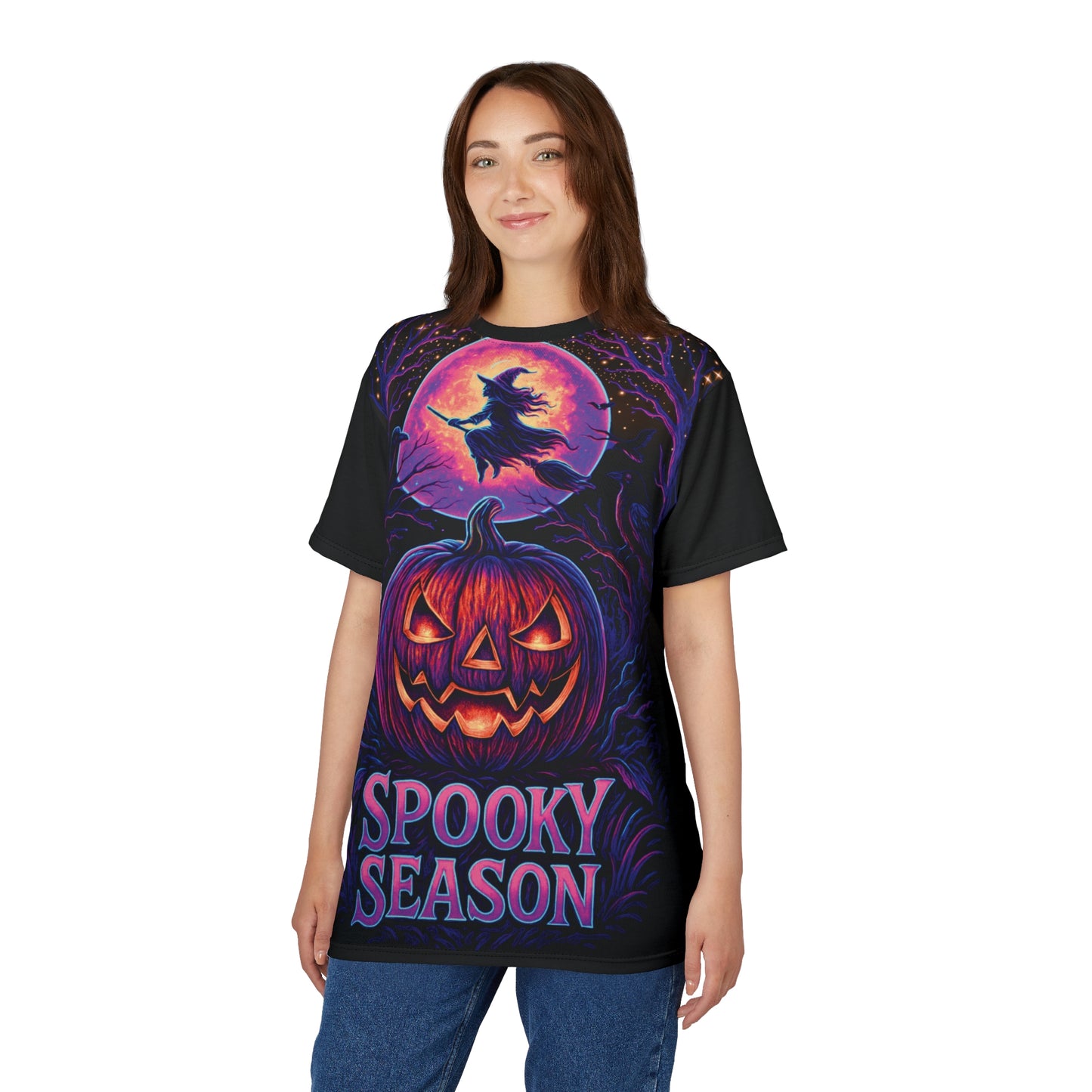 Neon Halloween AOP T-Shirt – Spooky Season Jack-o’-Lantern & Witch Design (All-Over Print)