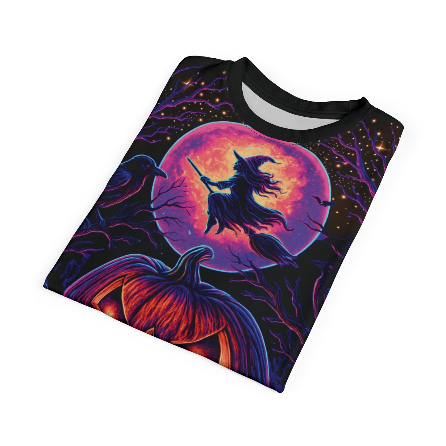 Neon Halloween AOP T-Shirt – Spooky Season Jack-o’-Lantern & Witch Design (All-Over Print)