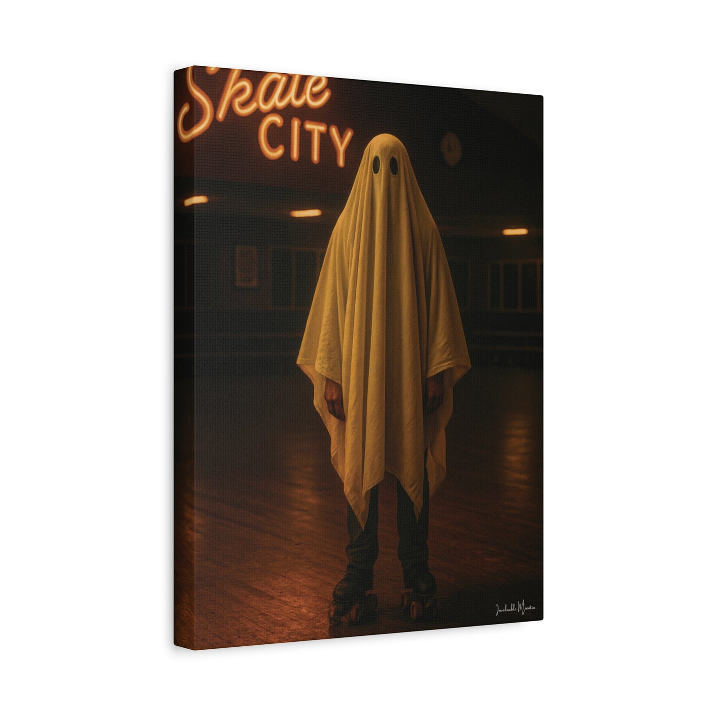 Ghost at the Roller Rink Canvas Wall Art β Retro 80s Nostalgic Halloween Decor