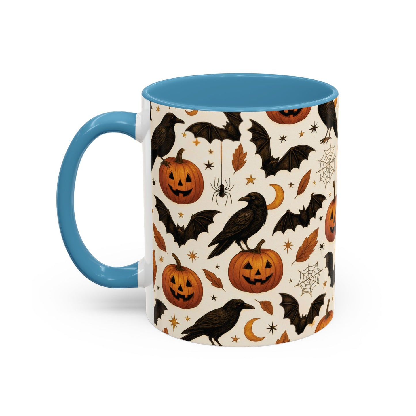Halloween Raven & Pumpkin Color Accent Mug β Gothic Crow, Bats & Jack-oβ-Lantern Coffee Cup (11oz & 15oz) β Spooky Autumn Drinkware